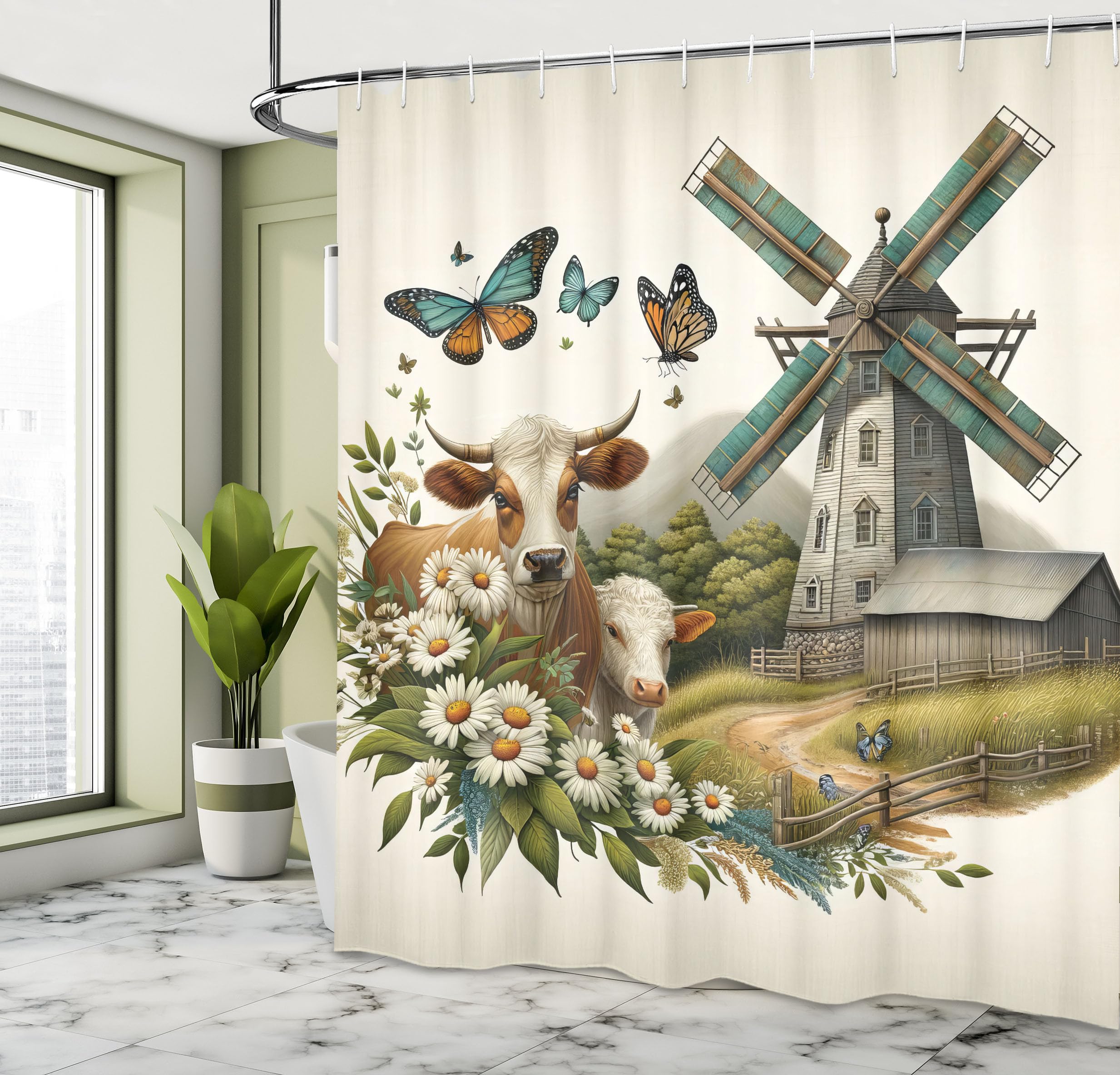 Ambesonne Farmhouse Shower Curtain, Windmill Barn Cottage Cows Butterflies And Daisies Countryside View, Cloth Fabric Bathroom D