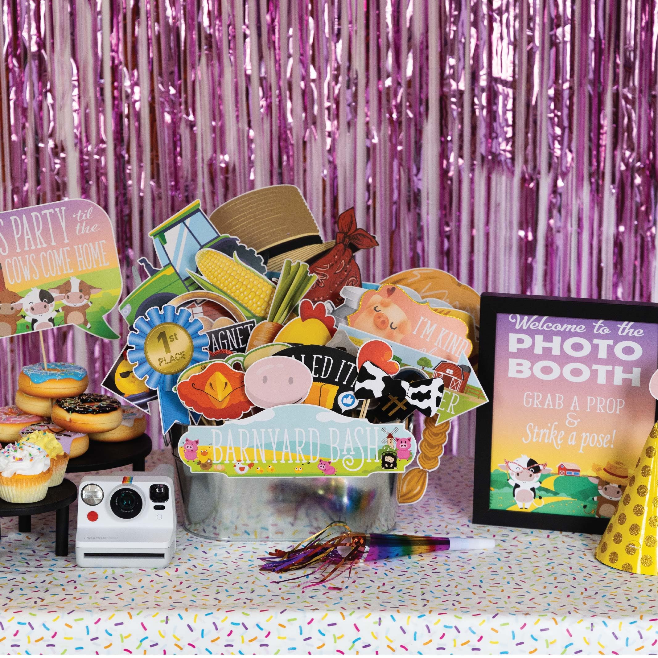 Farm Animal Photo Booth Props - 41-pc Photo Booth Kit with 8 x 10-Inch Sign  60 Adhesive Pads  45 Sticks - Cowboy and Farm Party Decorations