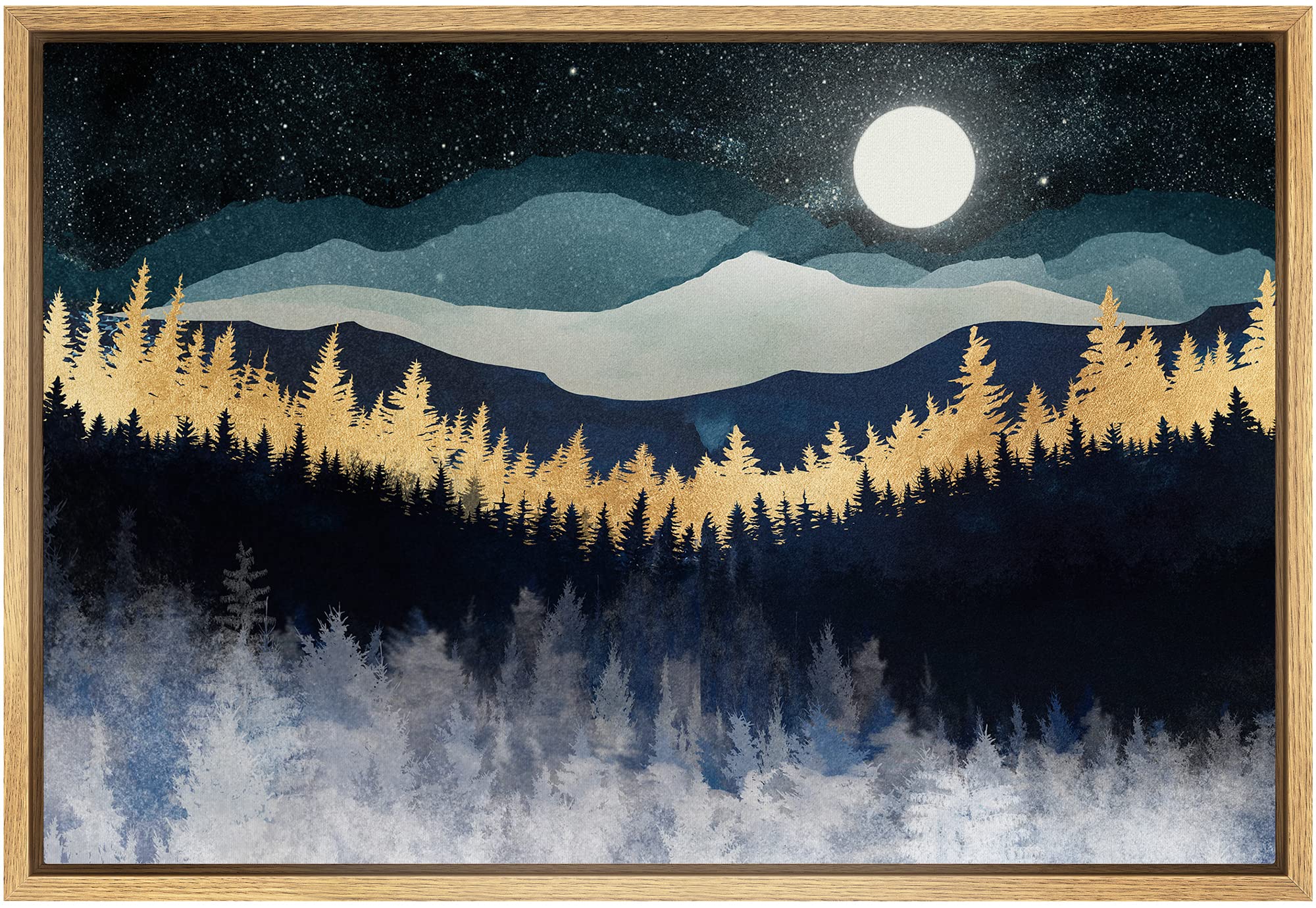 Signford Framed Canvas Print Wall Art Gold Blue Moonlight Mountain Forest Nature Wilderness Illustrations Modern Art Rustic Zen