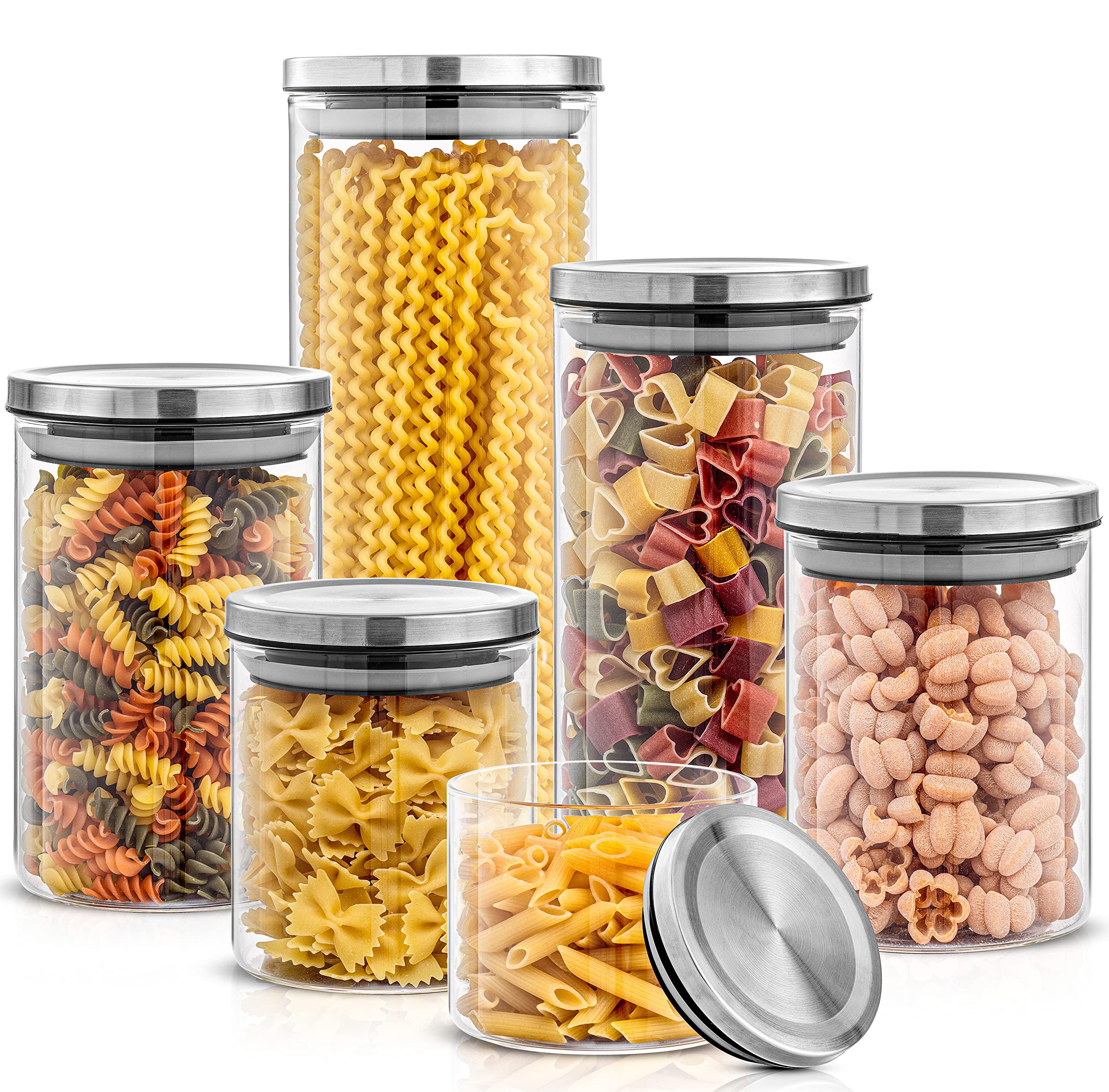 JoyJolt Kitchen Canister Set. 6 Glass Jars with Lids (Stainless Steel) Lids. Airtight Food Storage Containers for Pantry or Coun