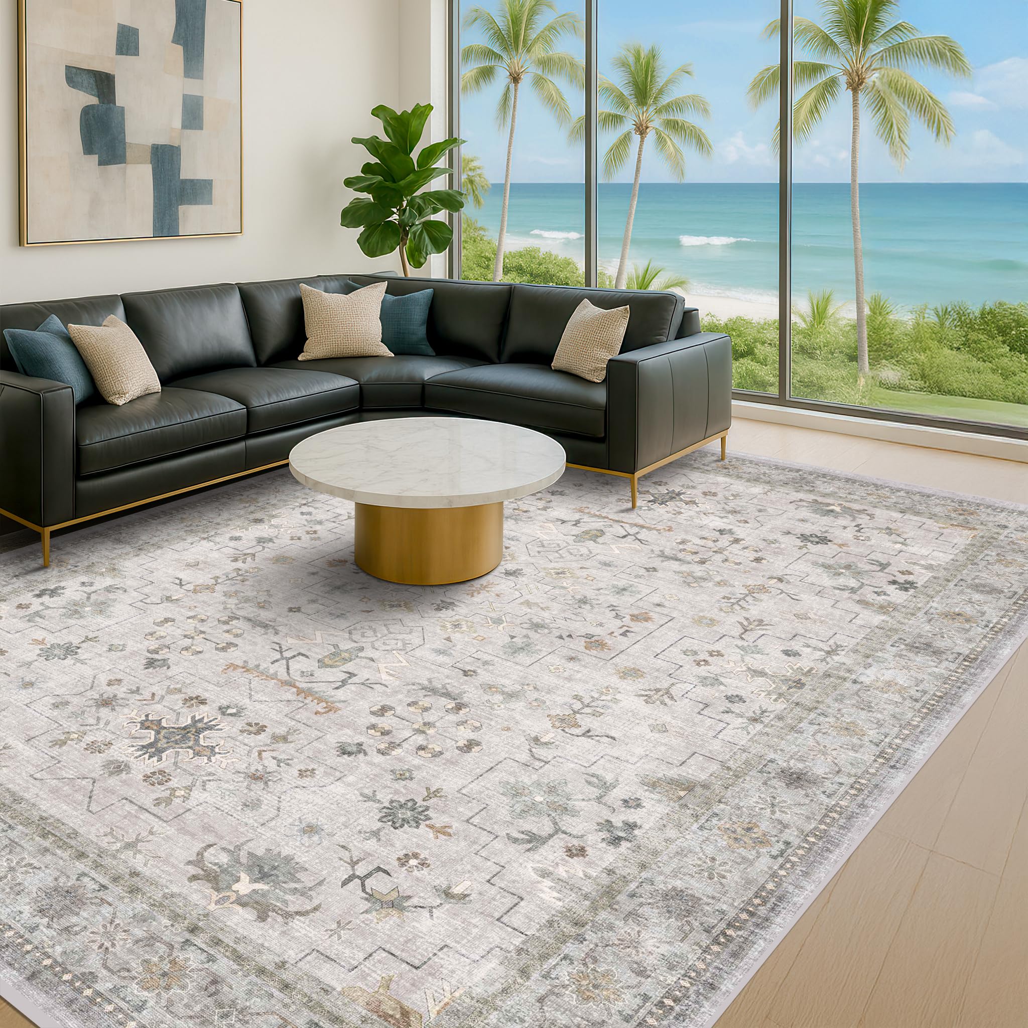 Hazo Haus Boho Light Grey Living Room Rug 10x14 - Modern Vintage Eclectic Floral Pastel Neutral Taupe, Washable Low Pile Non-Sli