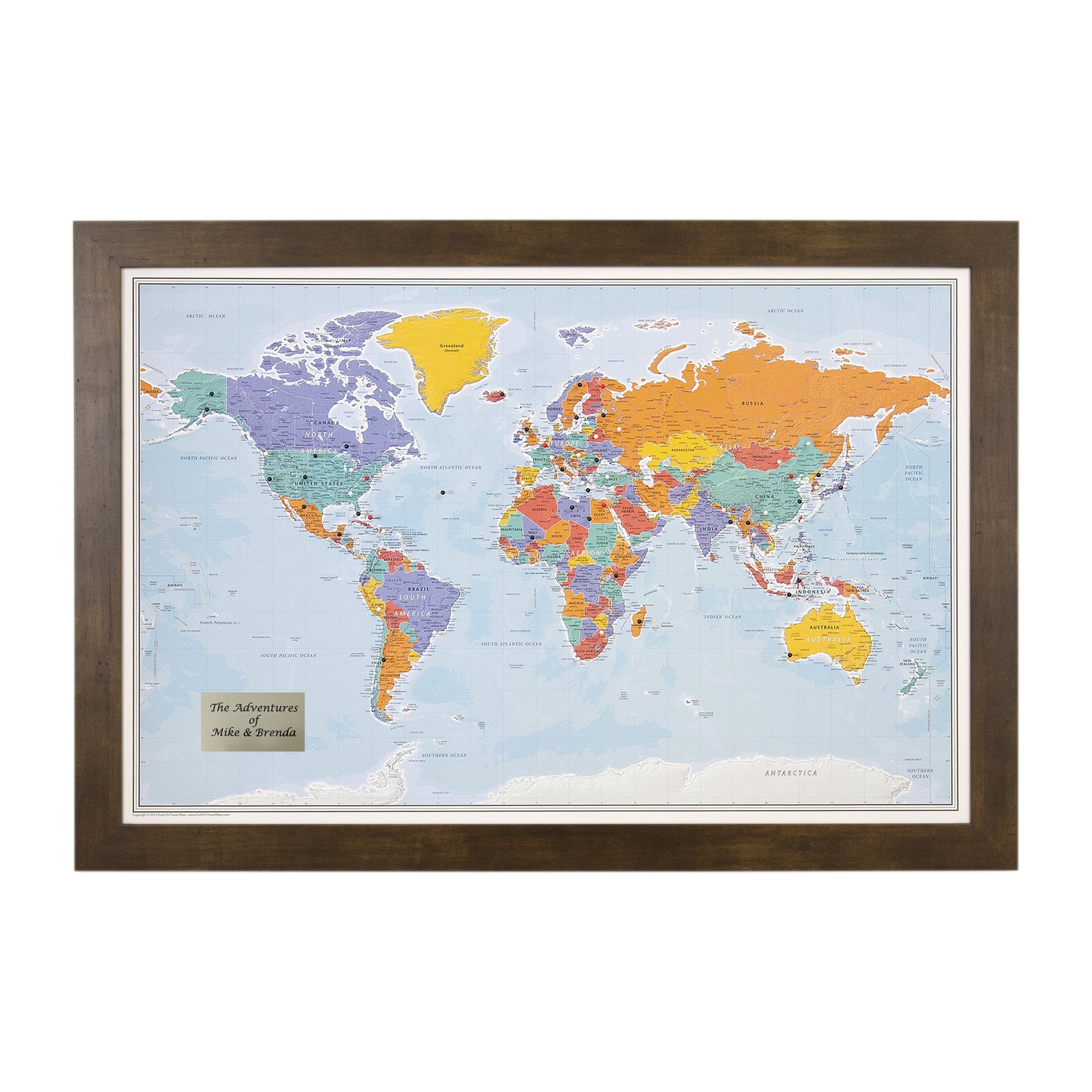 Push Pin Travel Maps - Customizable Blue Oceans World Push Pin Travel Map With Rustic Brown Frame- 27.5'' X 39.5'' - 8 Handcraft