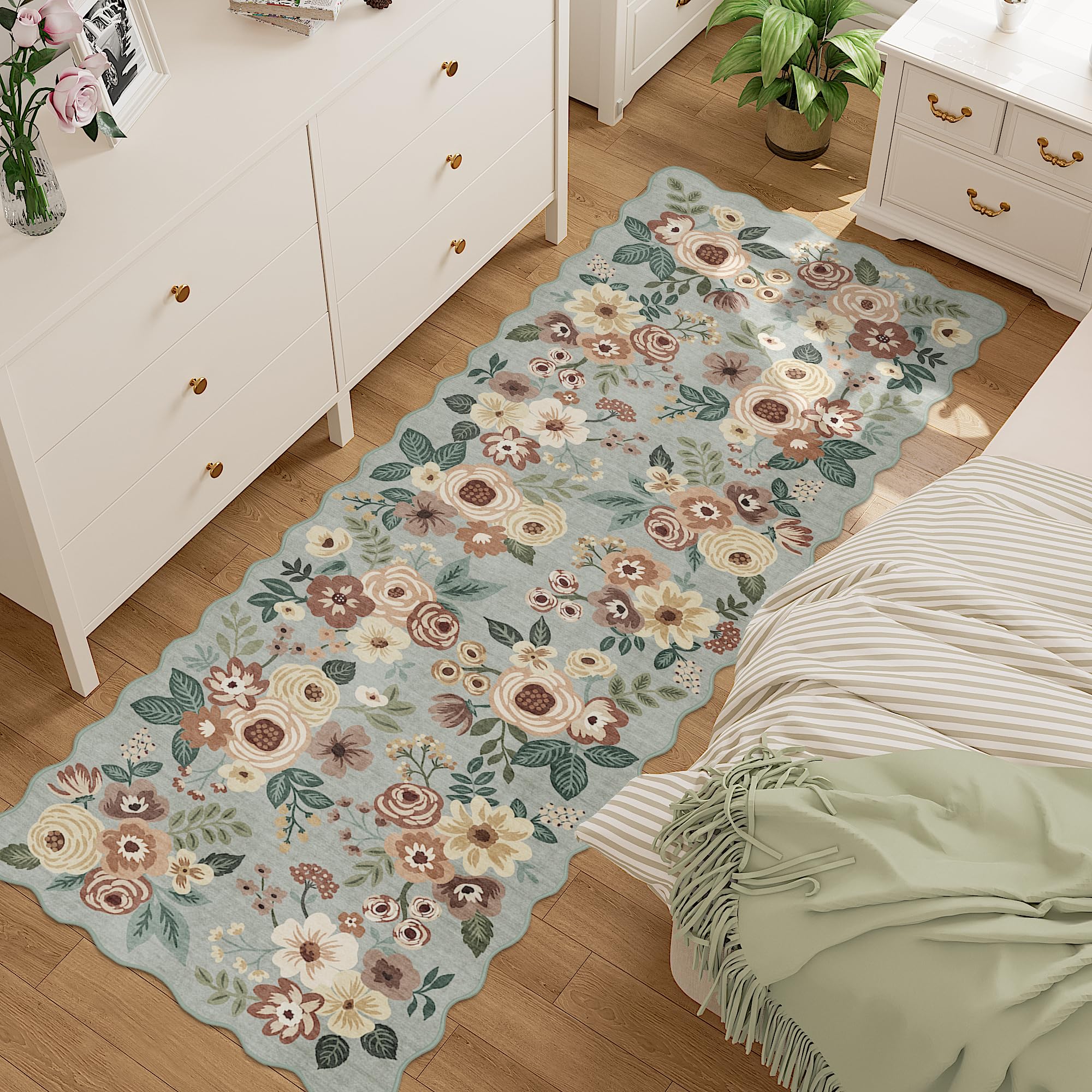 DUKINO 2x6 Runner Rug for Hallway, Washable Kitchen Rug with Non Slip Backing & Non-Shediing, Soft Low Pile Floral Design Runner