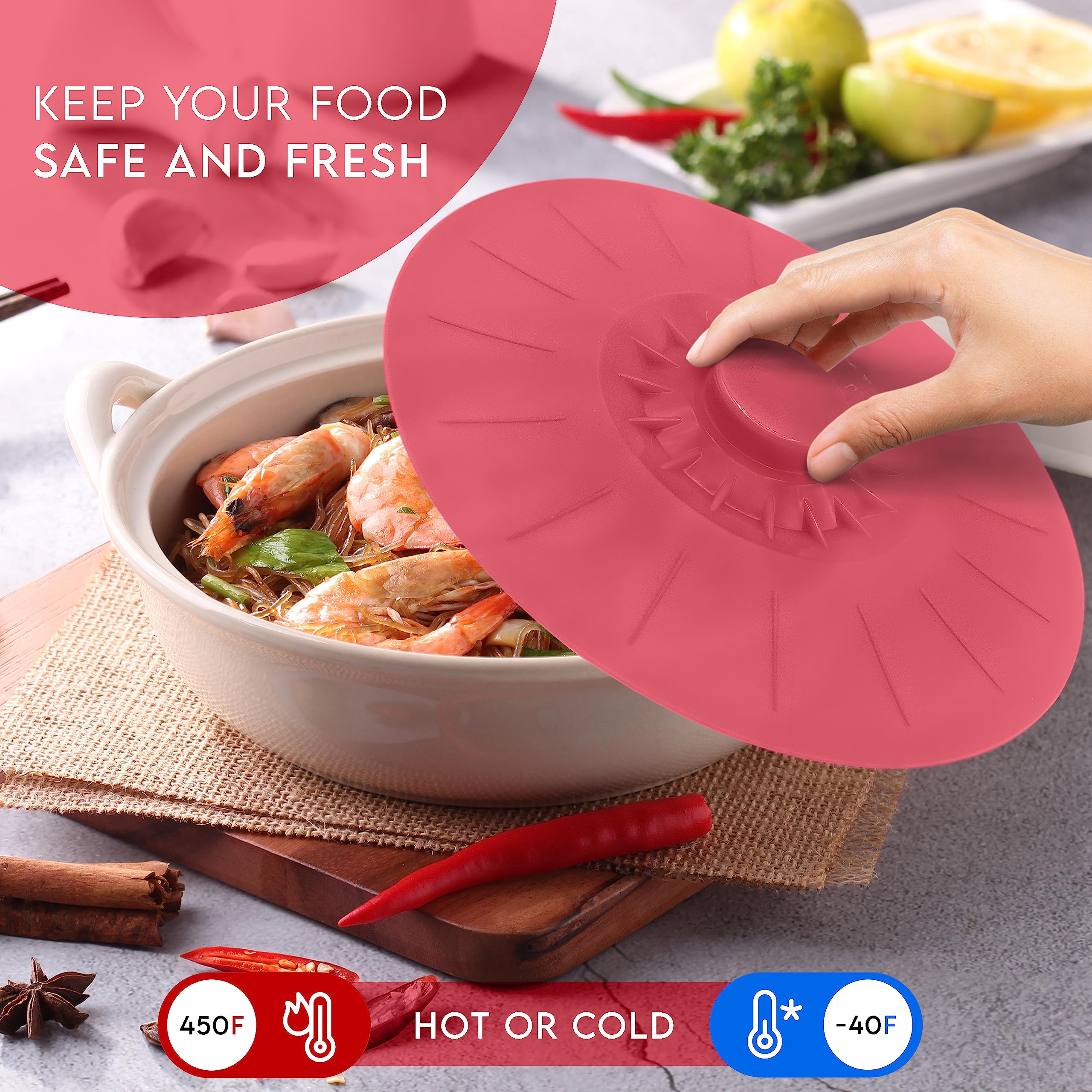 Silicone Bowl Lids Red, Set Of 5 Reusable Suction Seal Covers For Bowls, Pots, Cups. Food Safe Natural Grip, Interlocking Handle