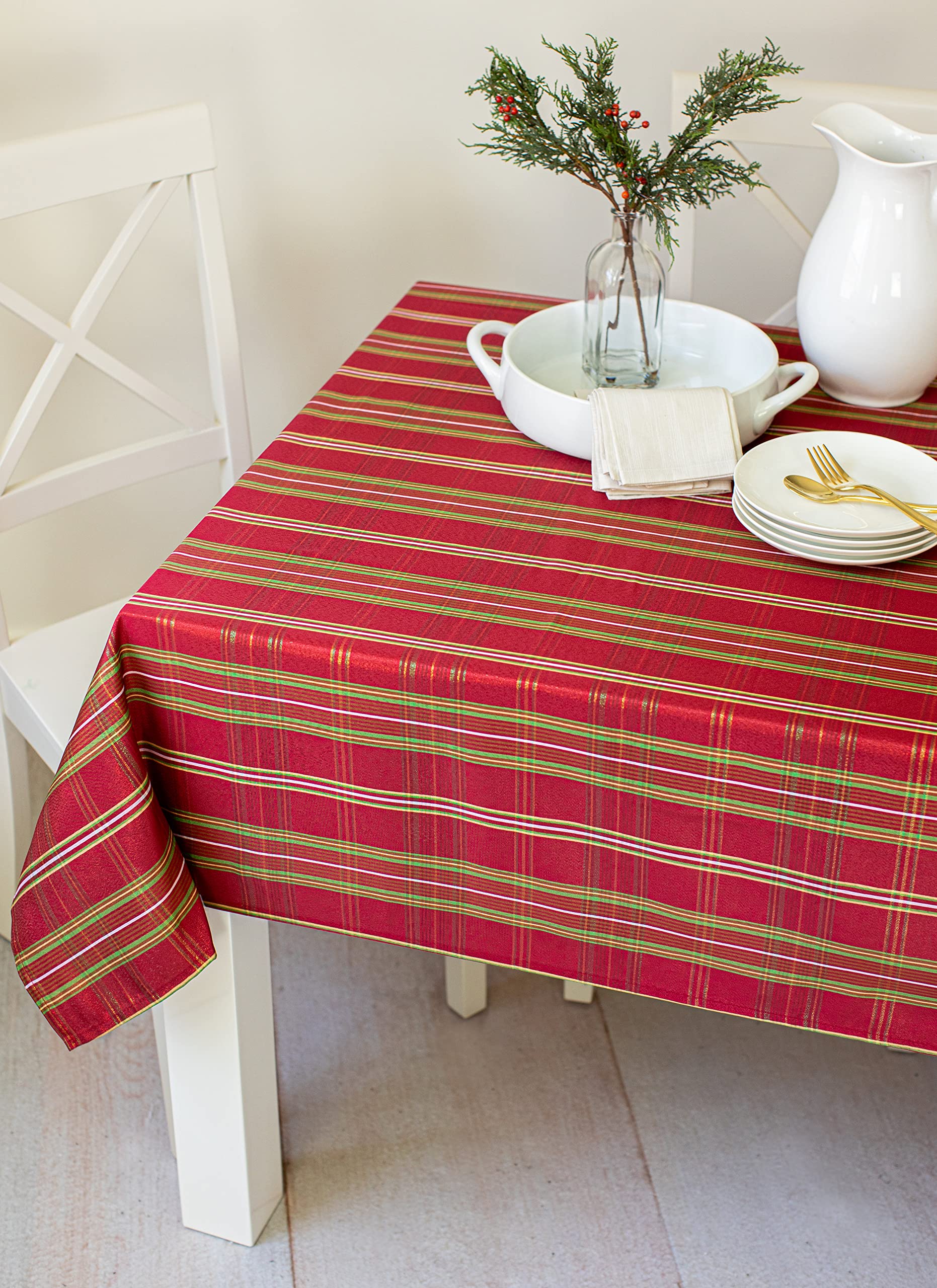 Benson Mills Christmasville Plaid Metallic Fabric Christmas Table Cloth, Winter, Holiday And Christmas Tablecloth (60'' X 104''