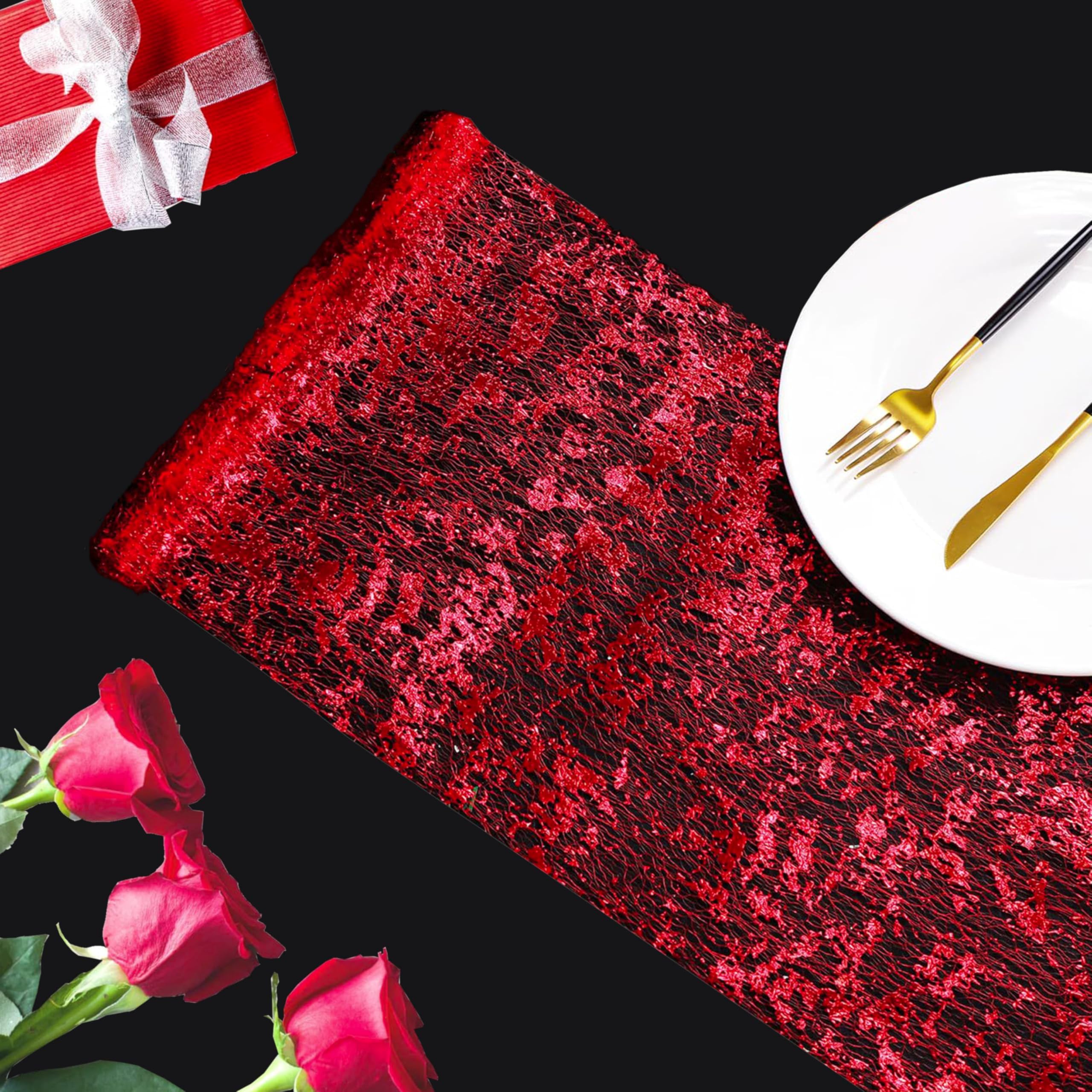 Snowkingdom 2 Pieces Red Table Runner Sequin Glitter Mesh Table Runner 11''X108'' Red Table Decorations For Wedding Party Valent