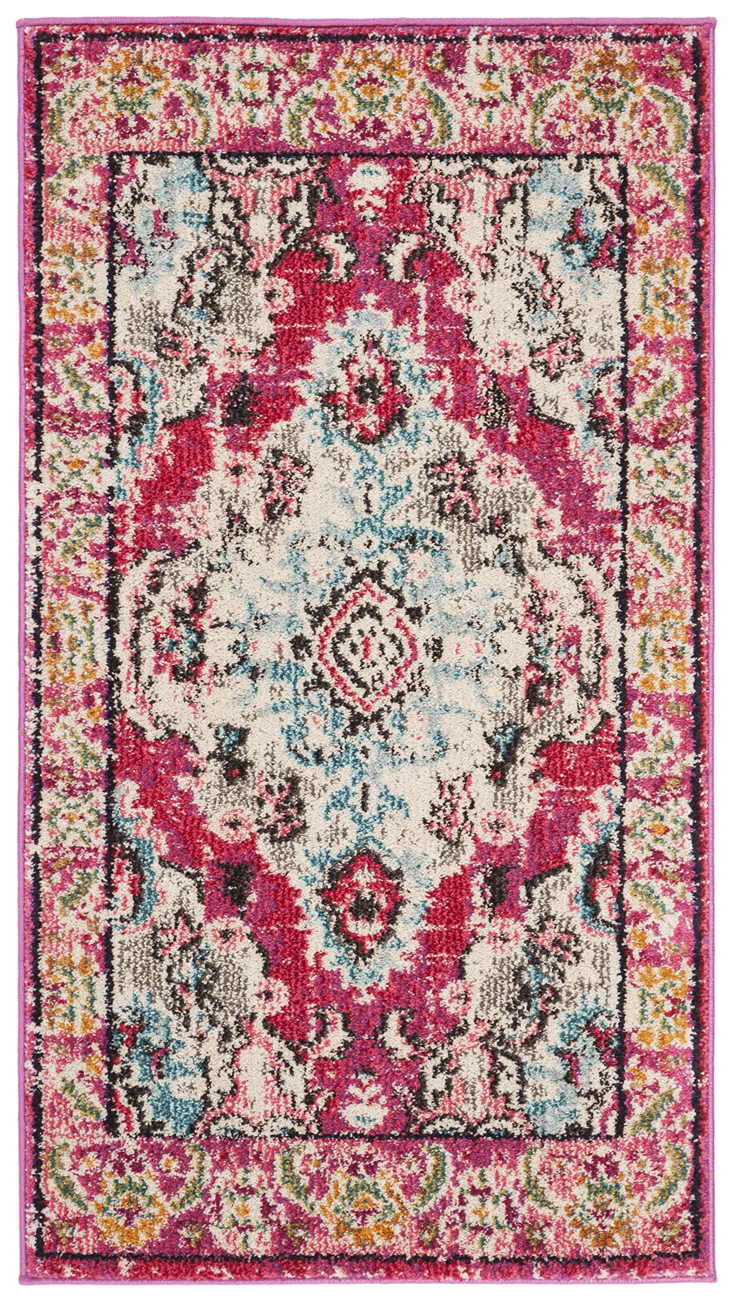 SAFAVIEH Monaco Collection Accent Rug - 22 x 4, Pink & Multi, Boho Medallion Distressed Design, Non-Shedding & Easy Care, Idea