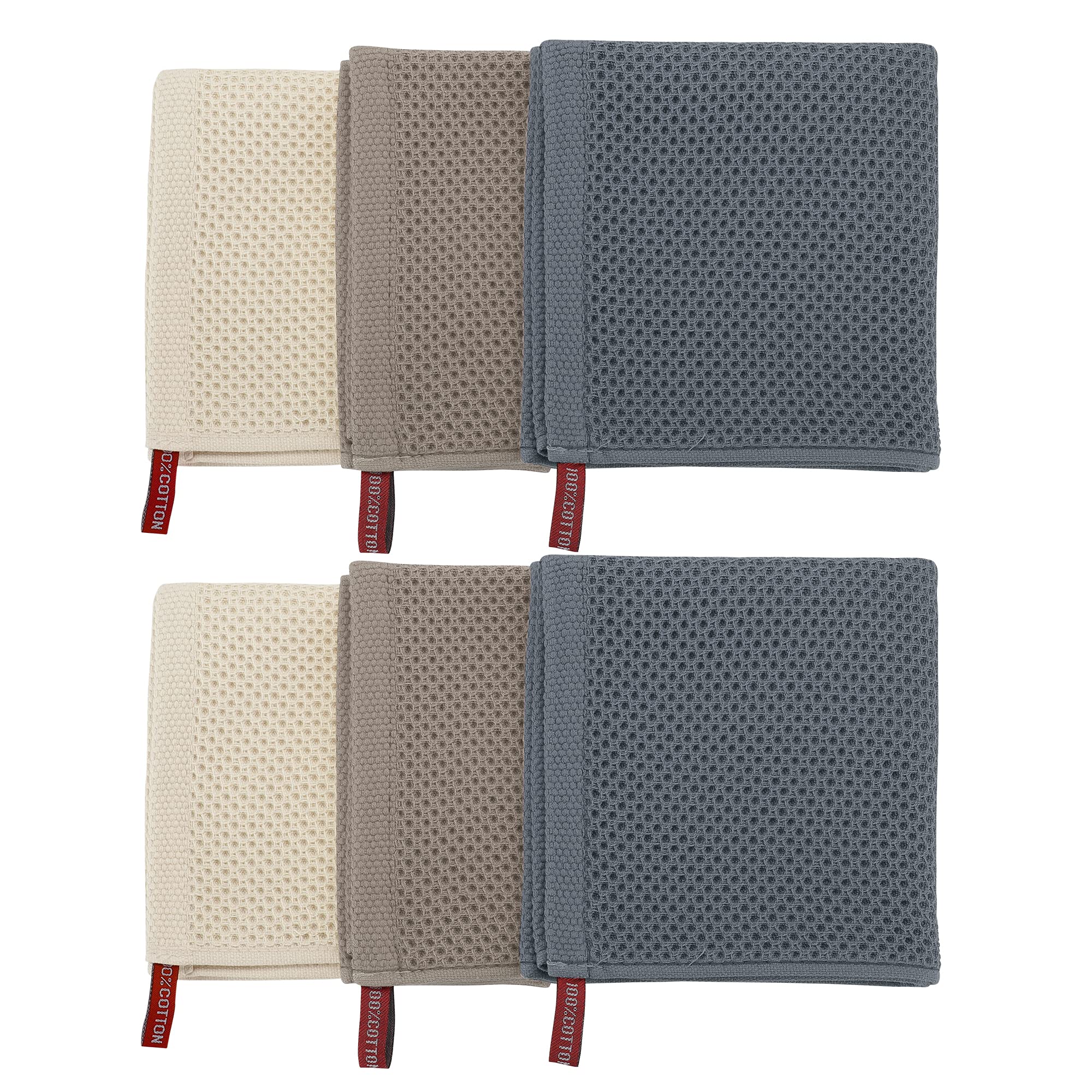 PiccoCasa Cotton Kitchen Dish Cloths, 6 Pack, 13x13 Inch, Super Soft Waffle Weave, Mixed Color, Quick Drying, Absorbent