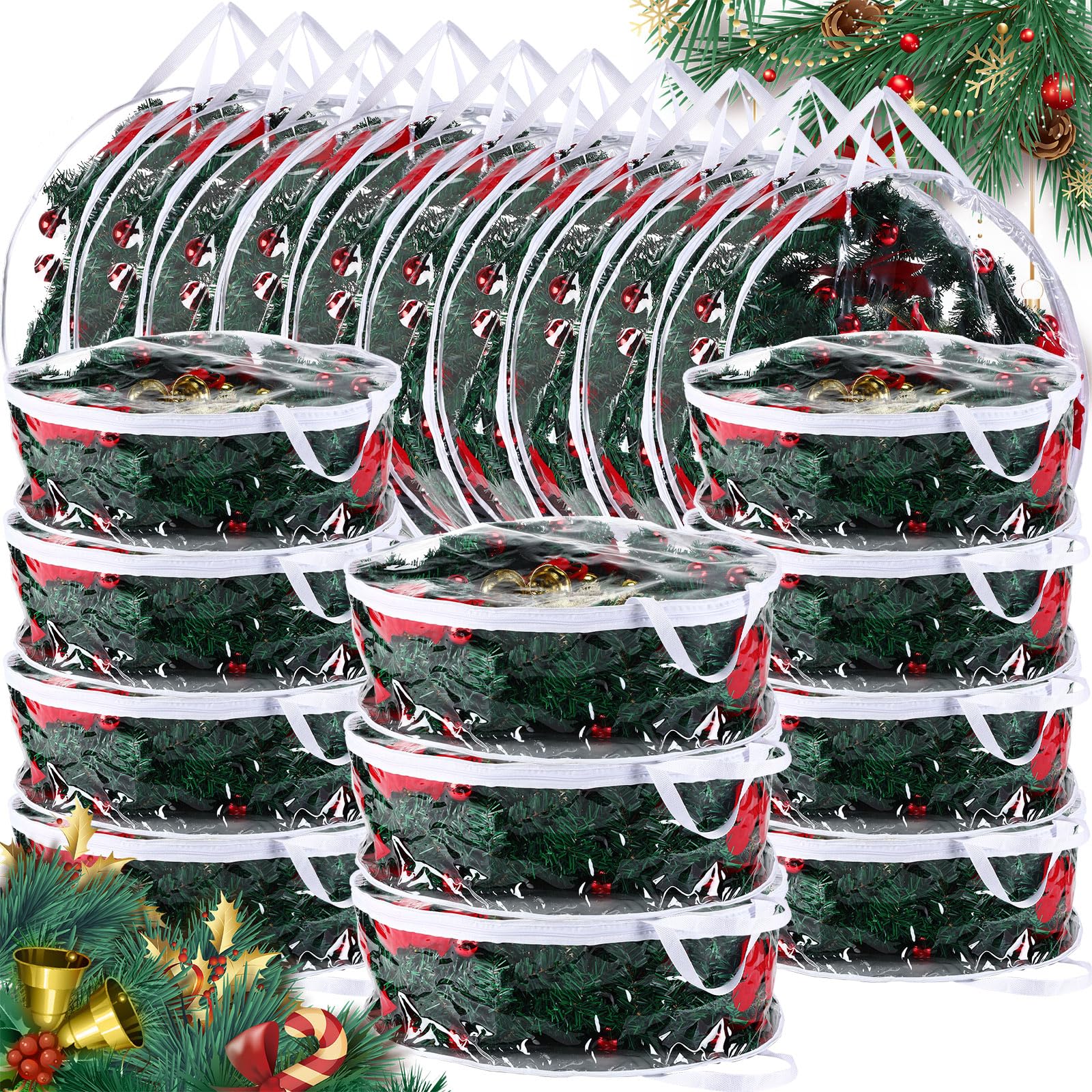 Zhengmy 20 Pcs 30 Inch Christmas Clear Wreath Storage Bags Xmas Wreath Storage Container Wreath Bags With Dual Zippers And Handl