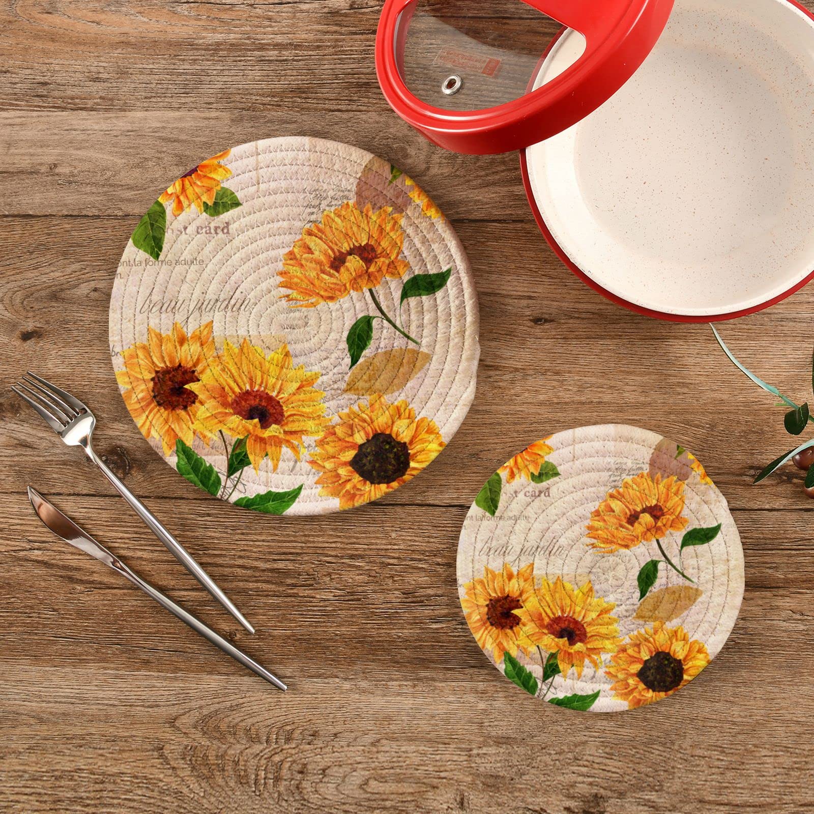 Blueangle 2-Pcs Yellow Watercolor Sunflowers Trivet Pot Holder - Round Woven Potholders Set - Cotton Braided Hot Pads - Coasters