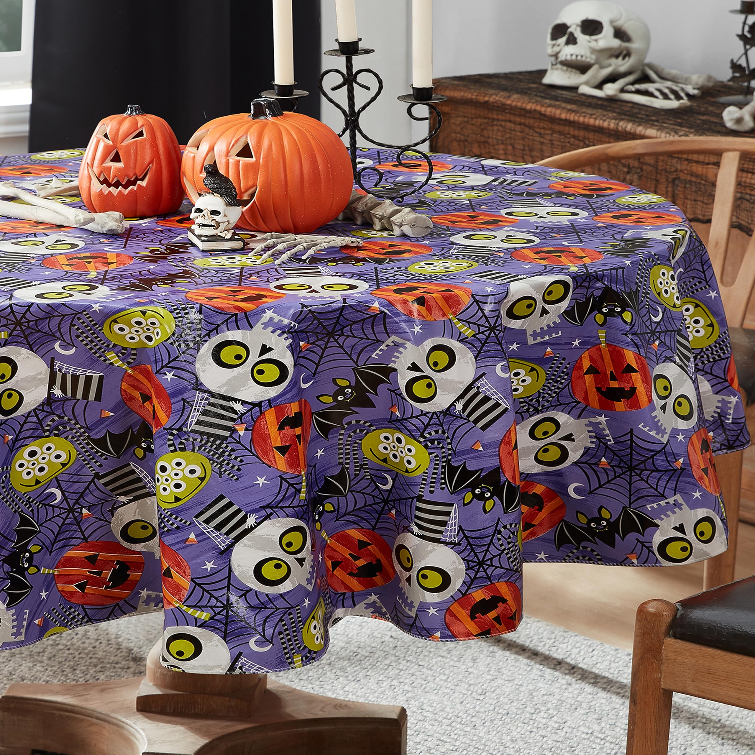 Newbridge Halloween Whimsical Ghoulish Gang 70 Inch Round Vinyl Flannel Backed Tablecloth, Spooky Skulls, Bats And Pumpkins For