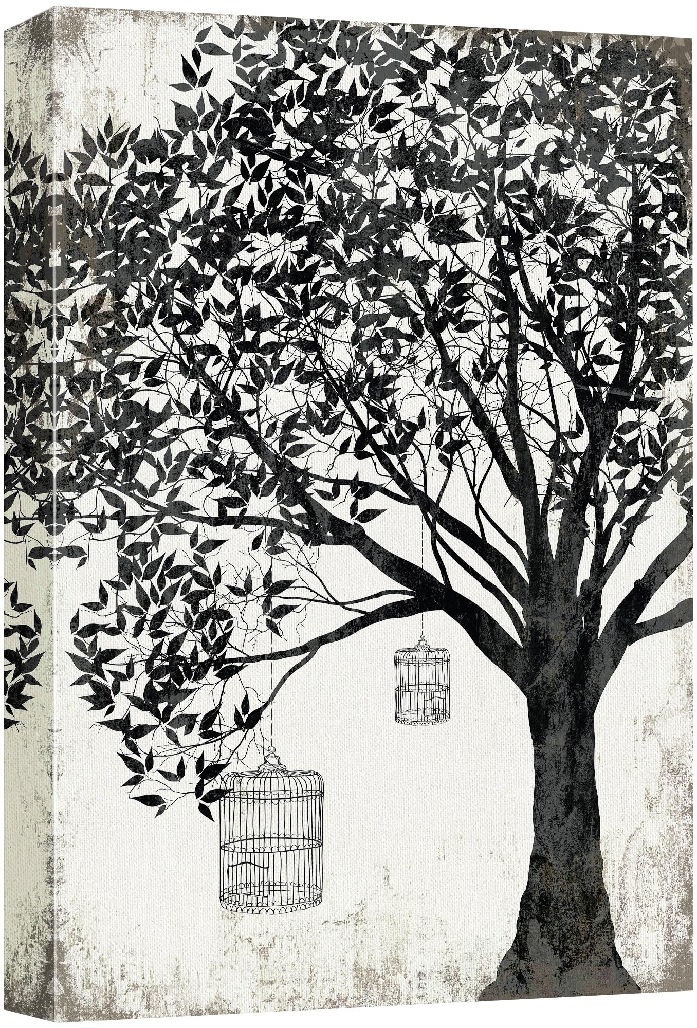 Wall26 Canvas Print Wall Art Black & White Tree With Hanging Birdcages Floral Nature Illustrations Modern Art Rustic Dramatic Fo