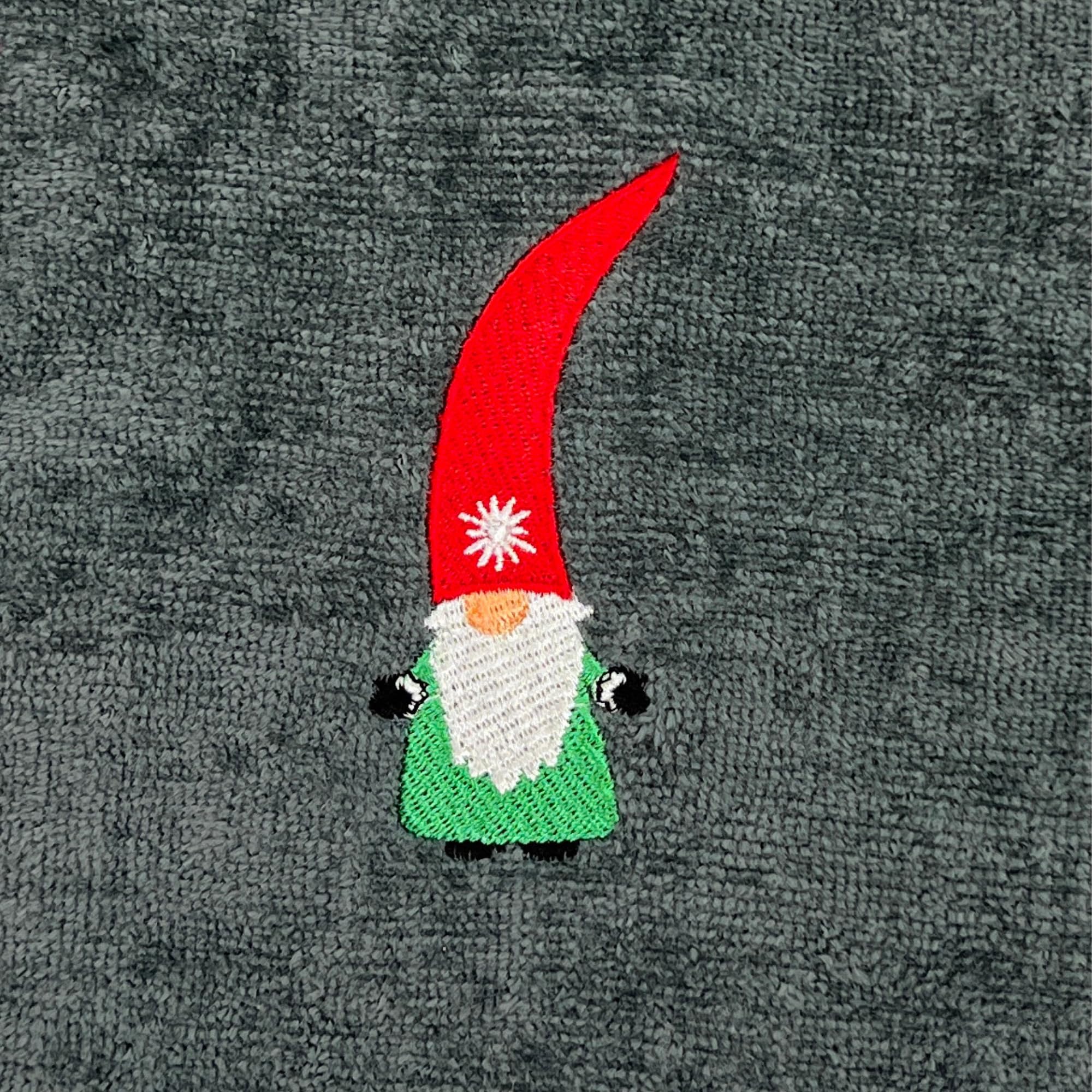 Christmas Guest Hand Towels: Grey Plush Terry Cotton Embroidered Spritly Gnome