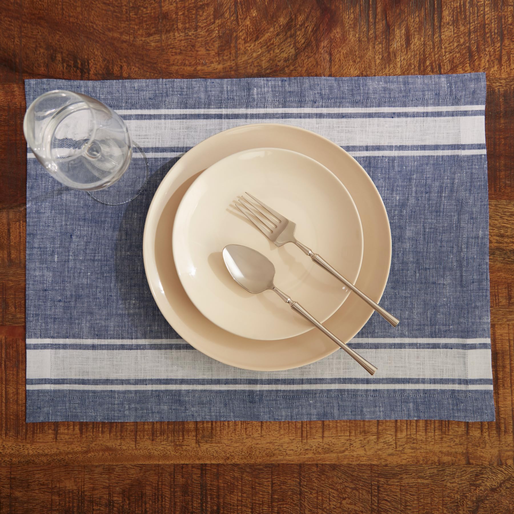 Solino Home Stripe Linen Placemats 19'' L X 14'' W Inch - 100% Pure Linen Farmhouse Stripe Blue And White Cloth Placemats Set Of