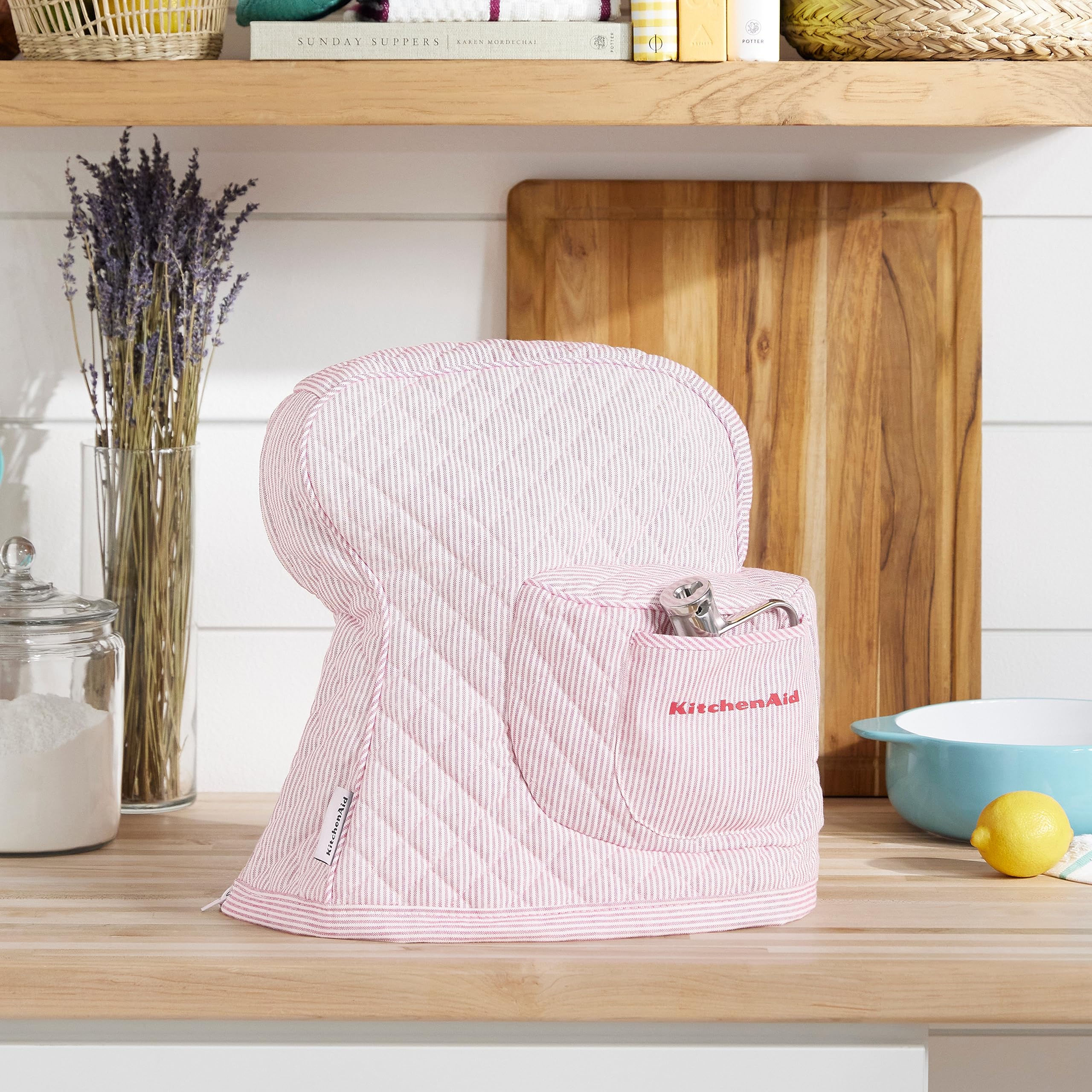 Kitchenaid Fitted Tilt-Head Ticking Stripe Stand Mixer Cover With Storage Pocket, Quilted 100% Cotton, Hibiscus Pink, 14.4''X18'