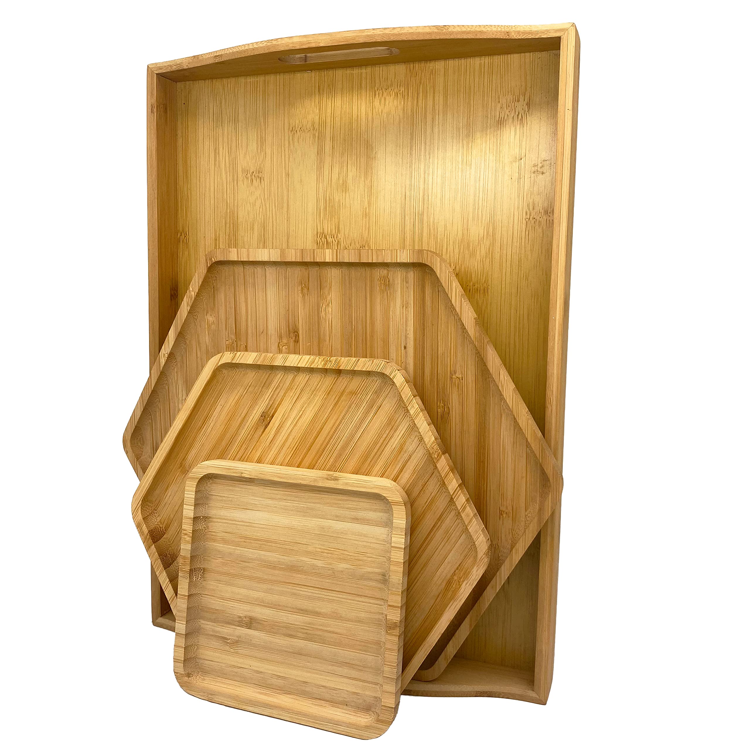 PAFREWOG Bamboo Serving Trays Cutting Boards 16.5x11.8(42x30cm with Handle, Set Includes 0.63(1.6cm) Thick Plates 1xHexagon 12.5