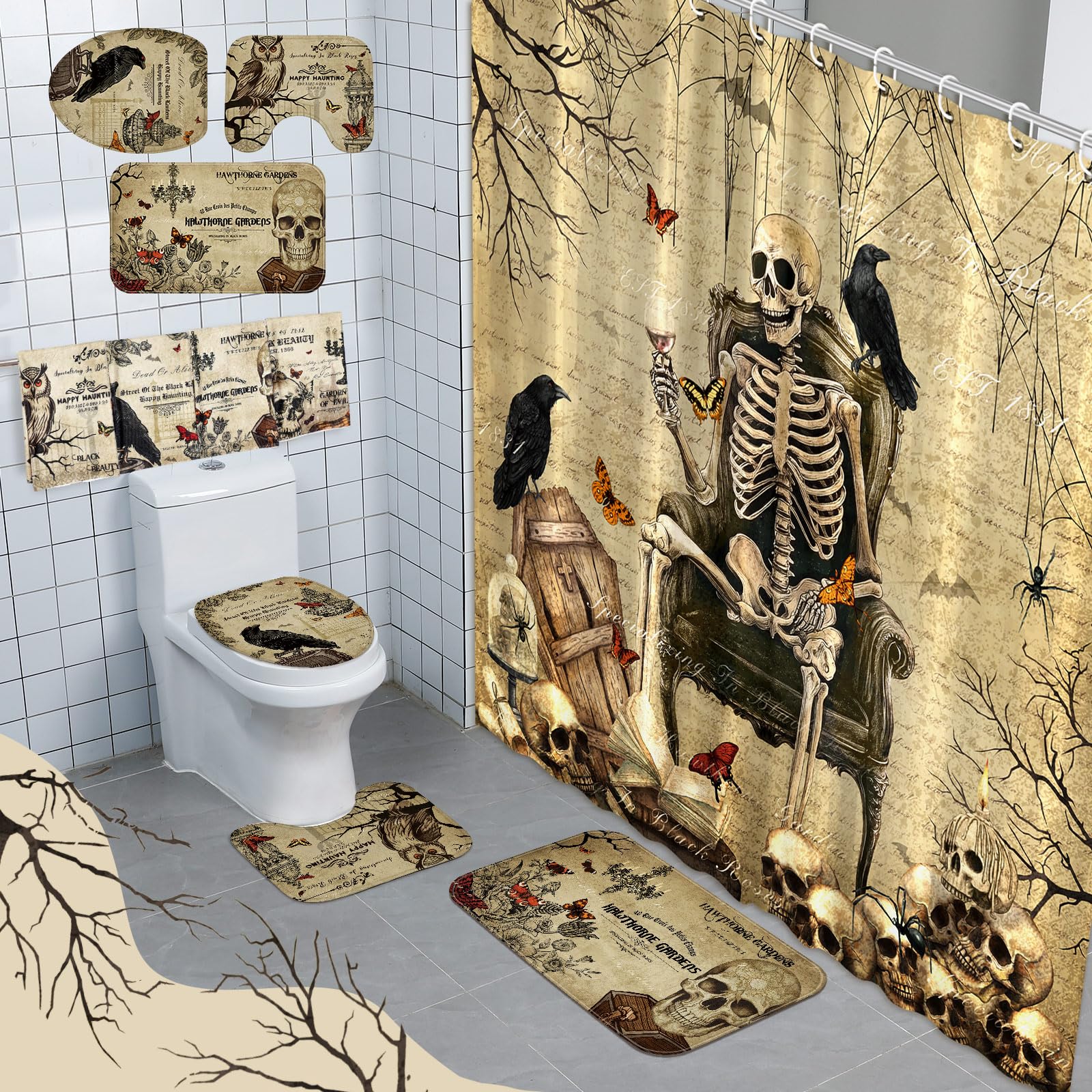 Fuweave 8 Pcs Halloween Shower Curtain Set For Bathroom Include Vintage Gothic Skeleton Towels Non Slip Skull Rugs Toilet Lid Co