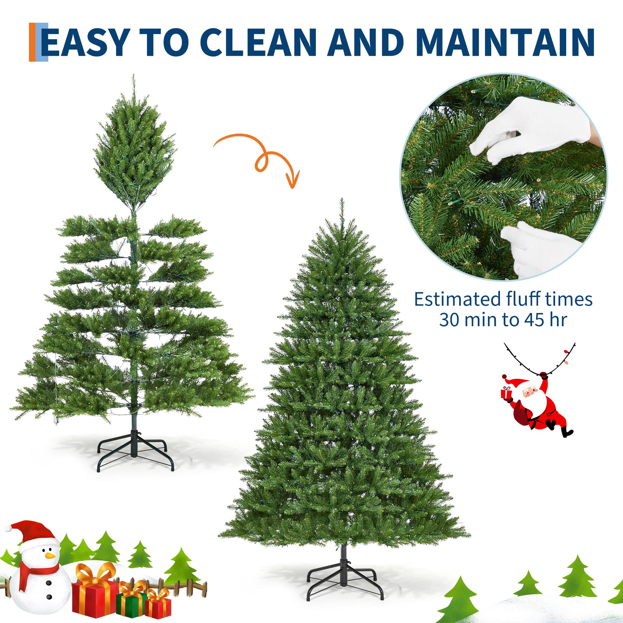 7.5FT Christmas Tree, Artificial Christmas Trees with 200 Lights, Prelit Christmas Tree with 8 Modes Lights, Foldable Stand, On/