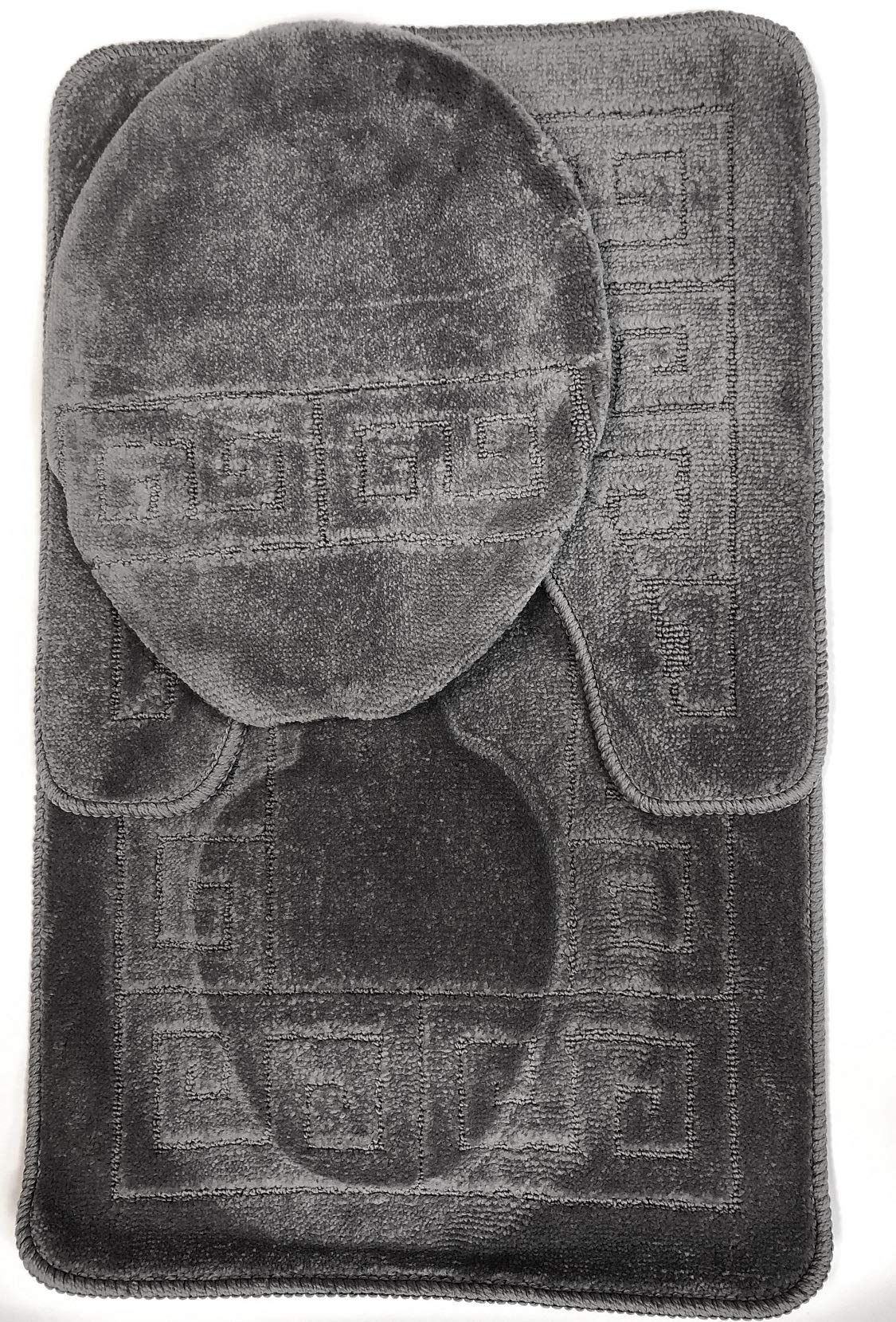 Wpm World Products Mart Bathroom Rugs Set 3 Piece Bath Pattern Rug (20X32)Large Contour Mats (20X20) With Lid Cover (Grey)