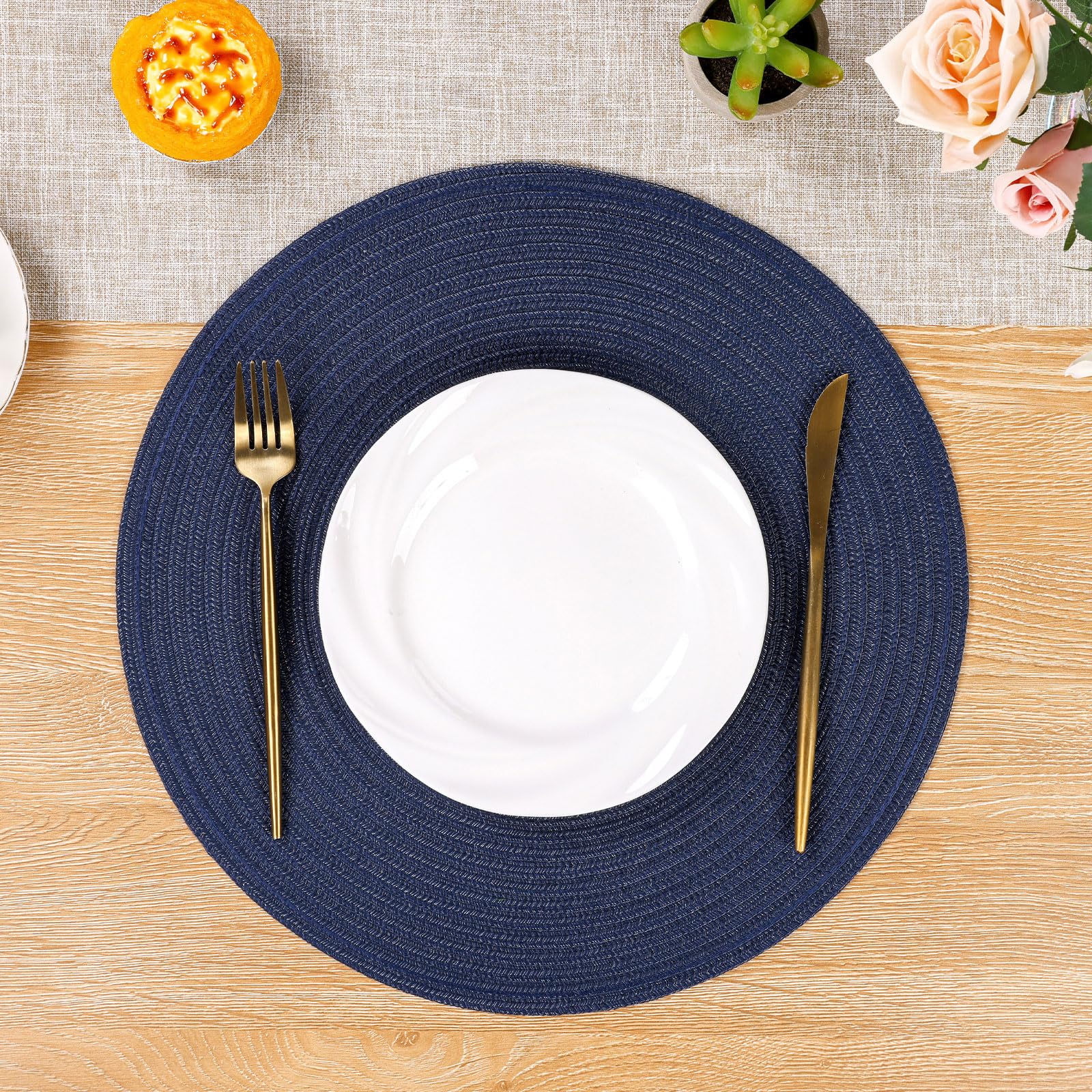 SHACOS Round Placemats Set of 6 Washable 15 inch Circle Cotton Polyester Woven Braided Place Mats for Dining Table Indoor Outdoo