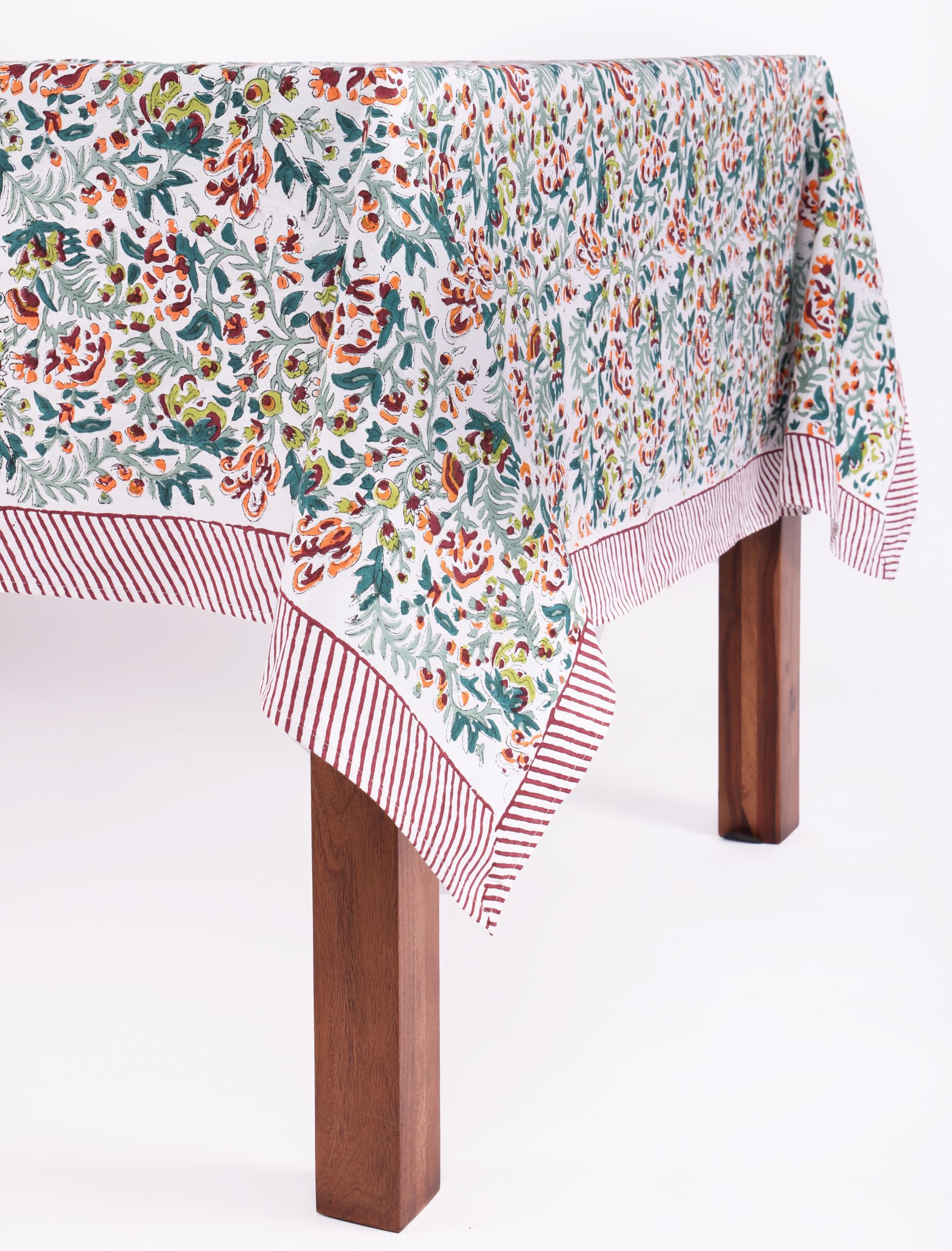 ATOSII Ambrosia Green 100% Cotton Rectangle Fall Tablecloth, Handblock Floral Print Linen Table Cloth for Kitchen Dining I Weddi