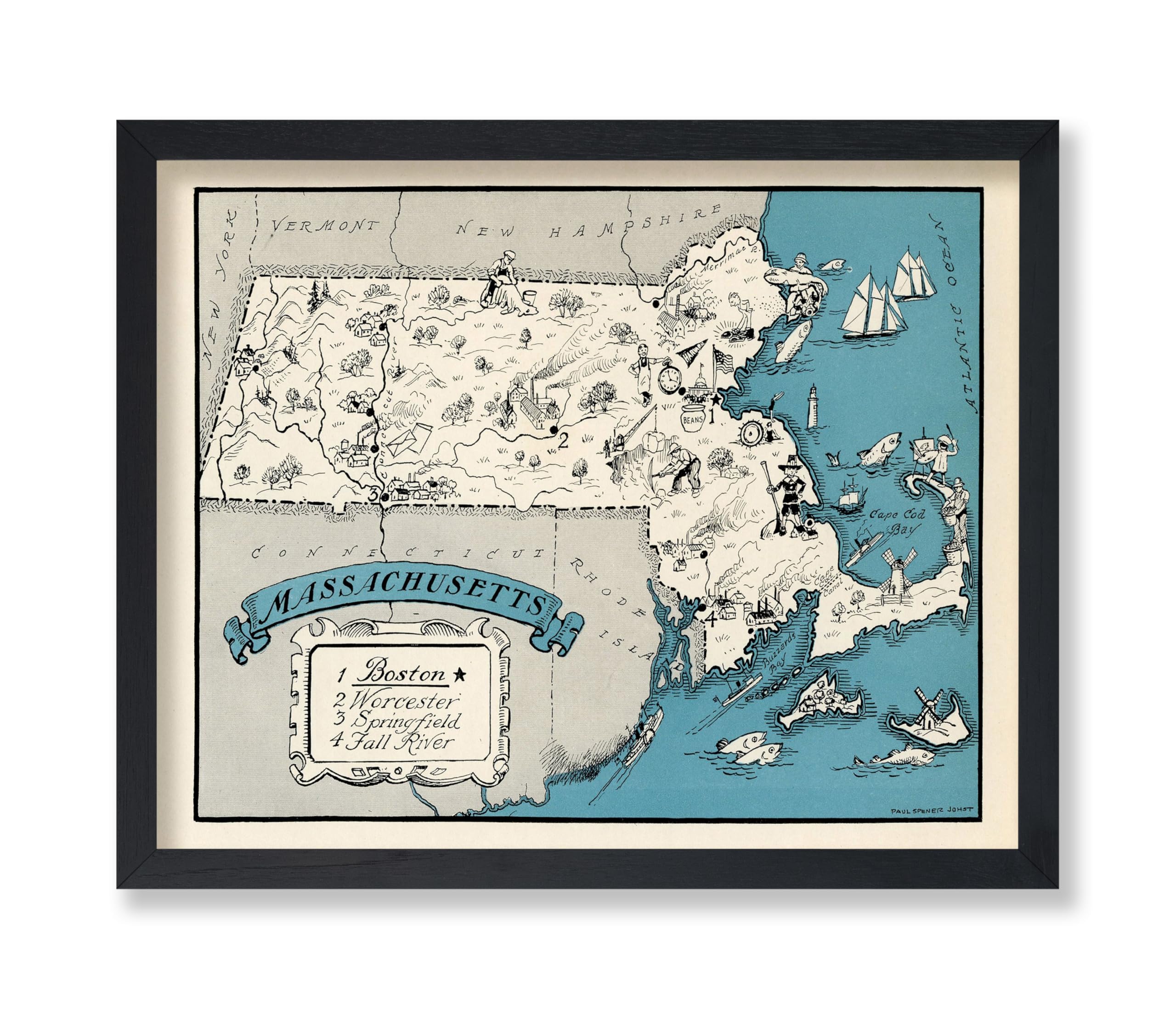 Poster Master Vintage Map Poster - Retro Massachusetts Map Print - Massachusetts State Map Art - Gift For Teacher, Student, Trav
