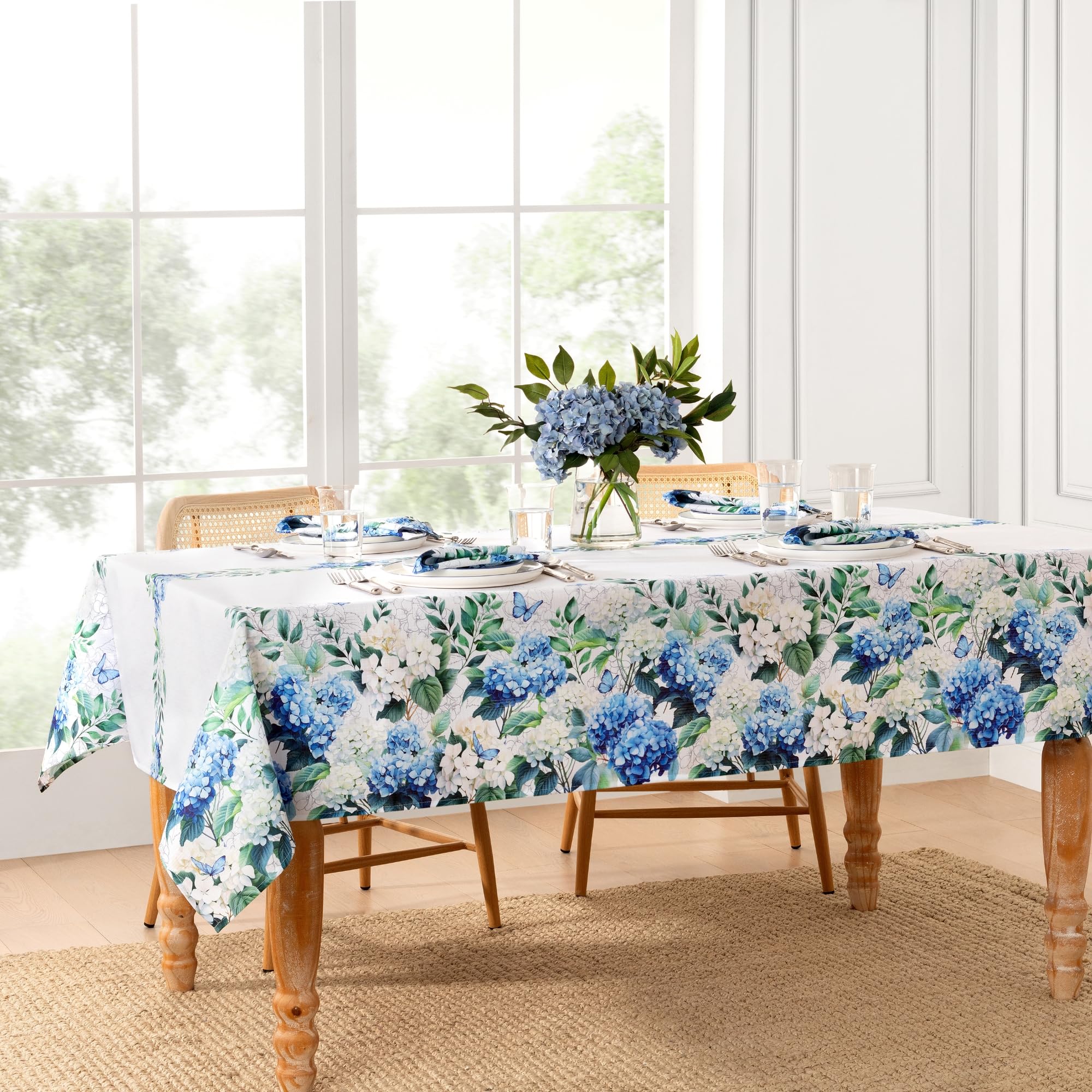 Elrene Home Fashions Hydrangea Bloom Floral Butterfly Double Border Spring/Summer Wrinkle Resistant Dining Tablecloth, 60x102 Re