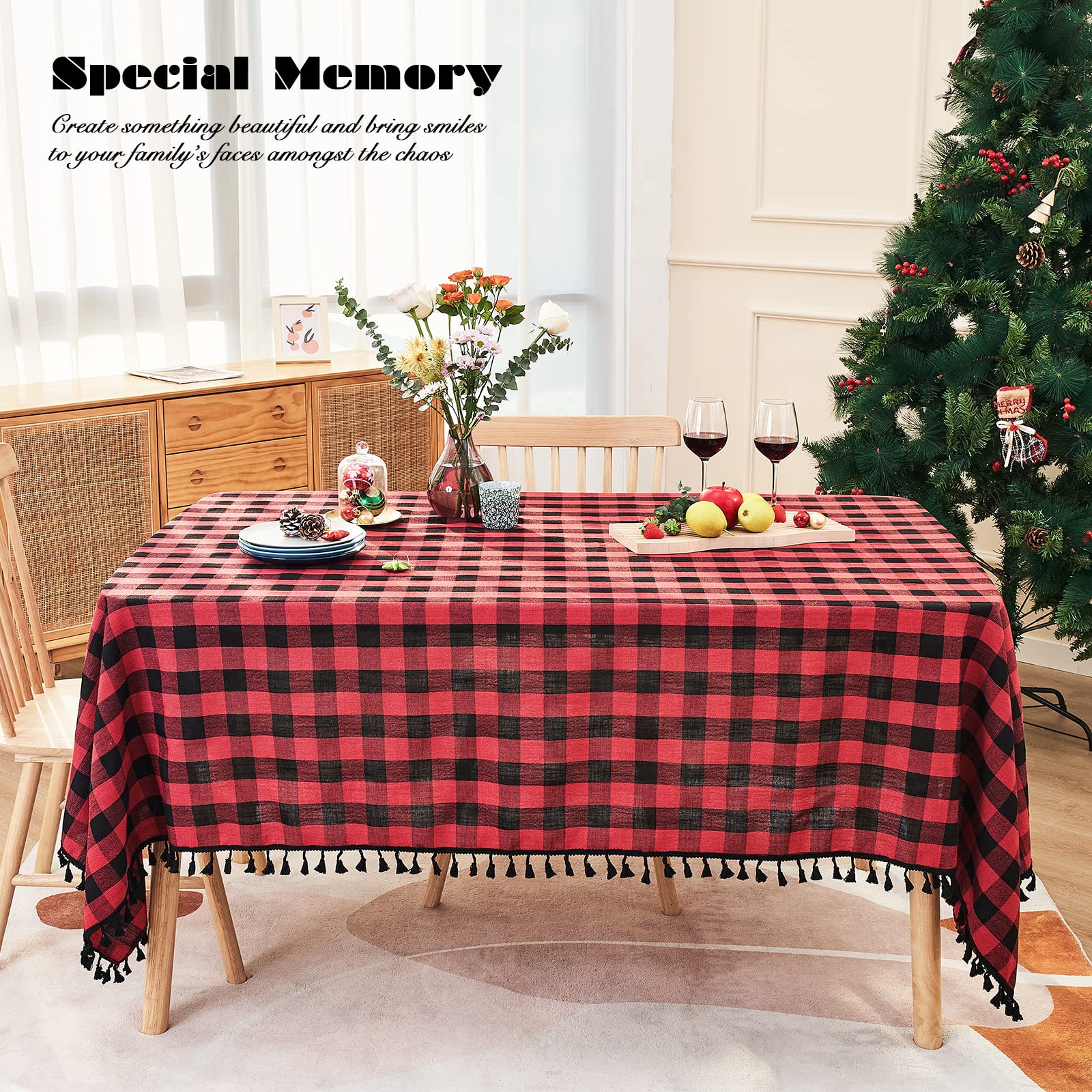 Midsummer Breeze Buffalo Plaid Rectangular Tablecloth-Cotton Gingham Table Cloth for Kitchen Restaurant Farmhouse Christmas Holiday Decor (Rectangle/Oblong  55x102 Red and Black)