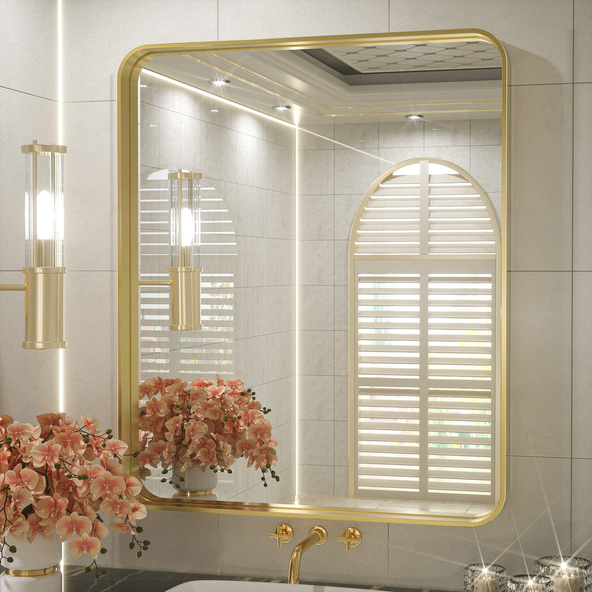 Tetote 30 X 36 Inch Gold Mirror For Bathroom, Brushed Metal Frame Vanity Mirror, Brass Gold Rectangle Modern Decorative Wall Mir