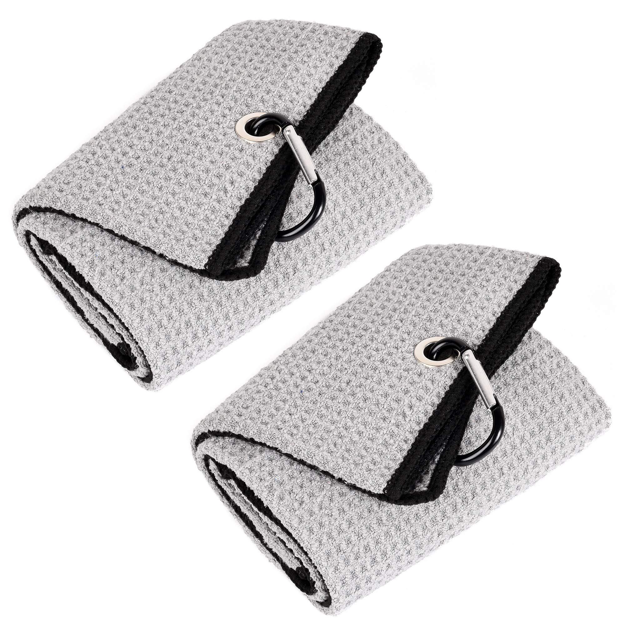 Mile High Life 2 Pack Gray Microfiber Tri-Fold Golf Towels With Carabiner Clip, 16X21In, Water Absorbent, Easy To Wash And Carry