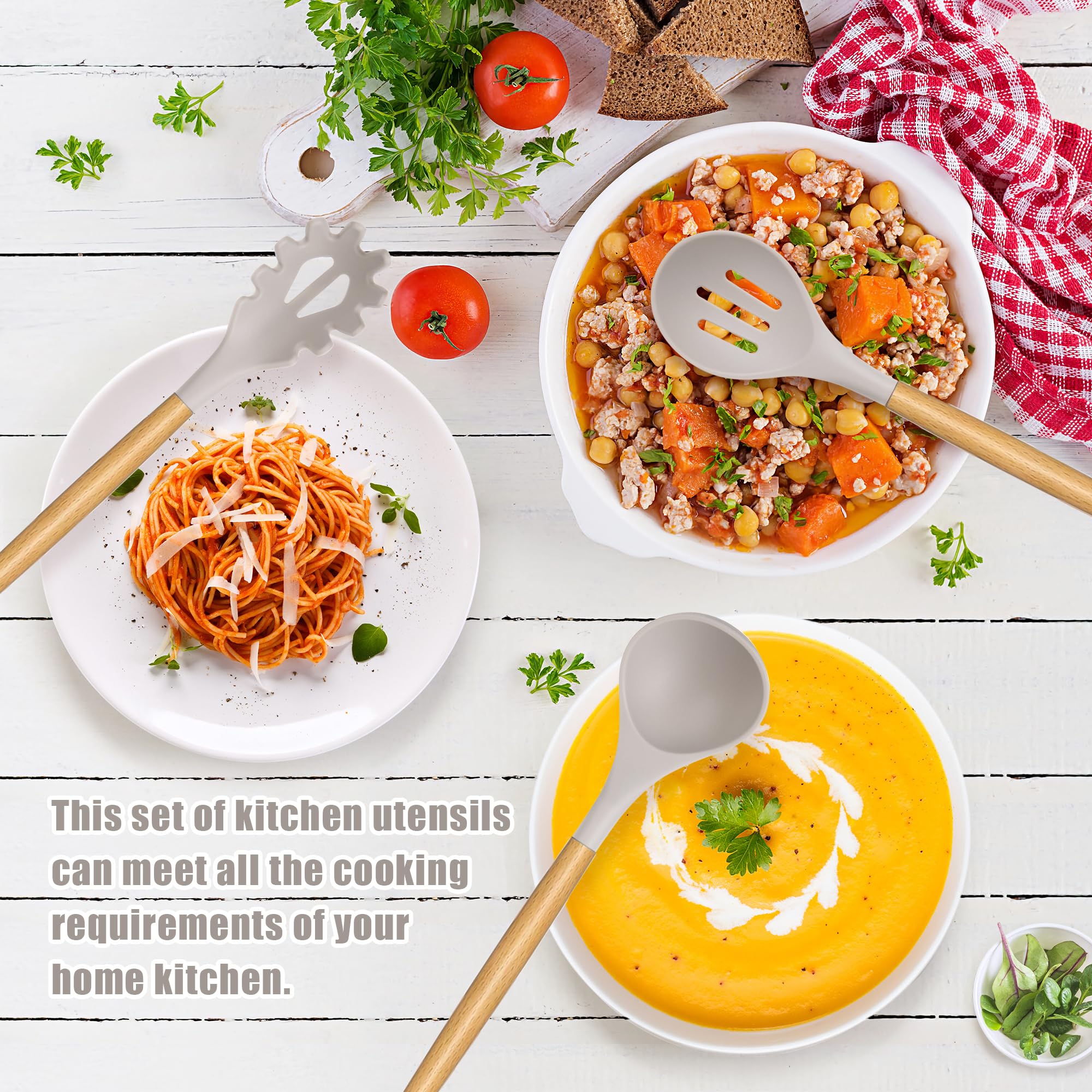 24 Pcs Kitchen Cooking Utensils Set,446F Heat Resistant Non-Stick Silicone Kitchen Utensil Set With Wooden Handles And Holder,Ki