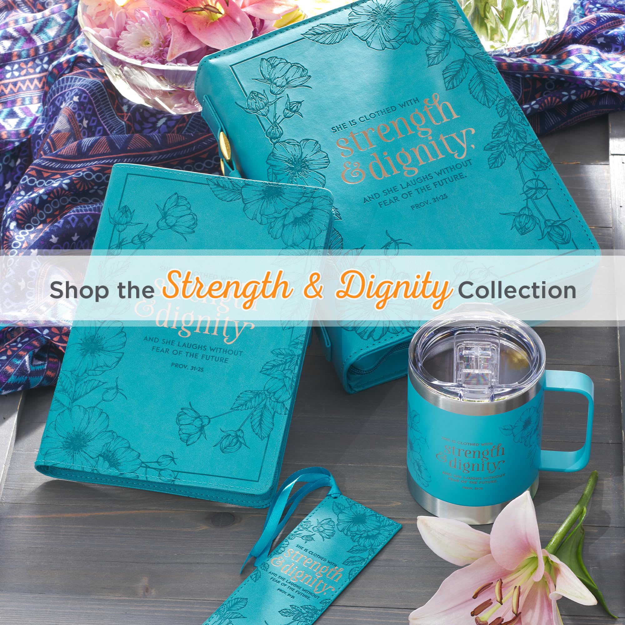 Christian Art Gifts Stainless Steel Double Wall Vacuum Insulated Camp Style Travel Mug 11 Oz Floral Teal Coffee Mug With Lid And