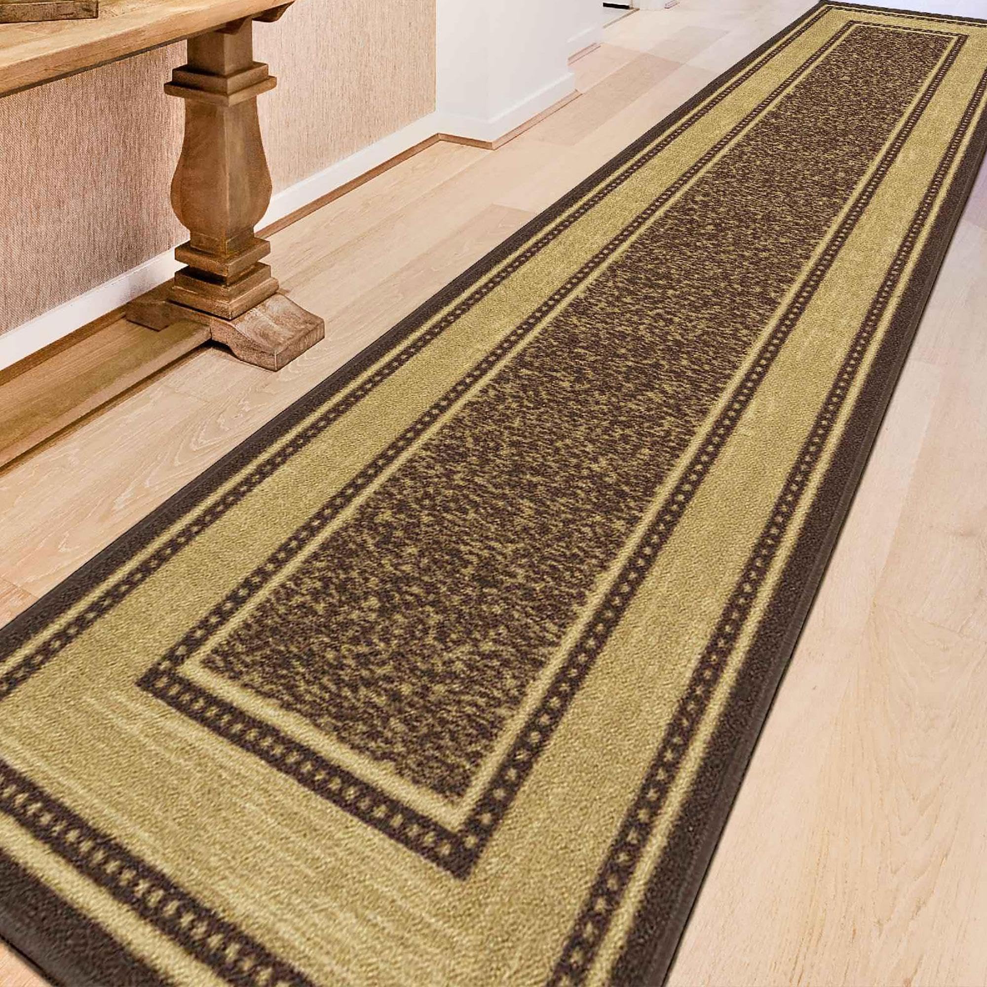 Machine Washable Bordered Design Non-Slip Rubberback 3x10 Traditional Runner Rug for Hallway, Kitchen, Bedroom, Living Room, 27