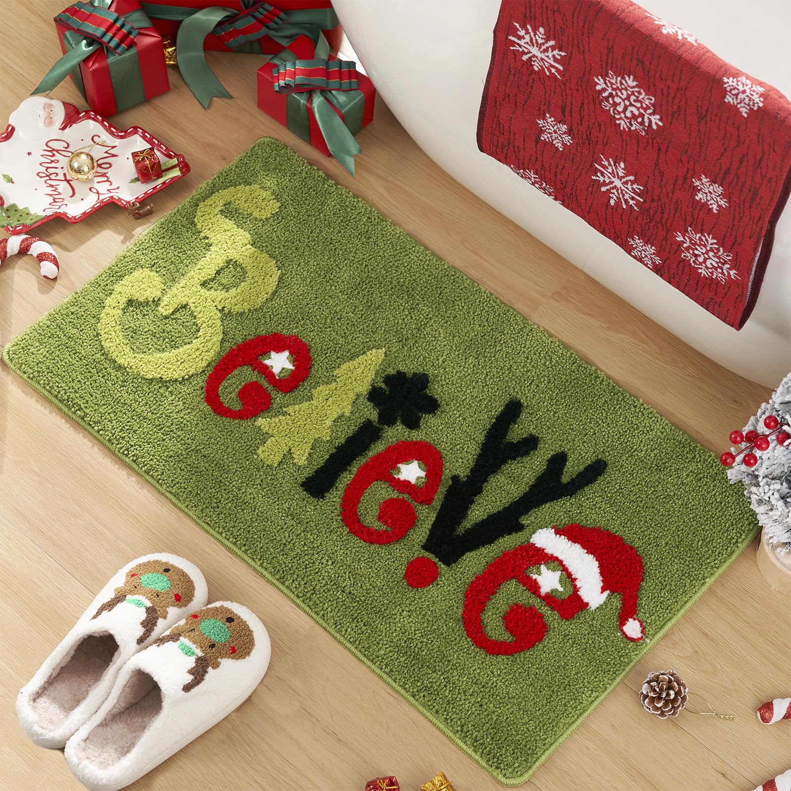 ELDONE Christmas Believe Bathroom Rugs W/Snowflake Reindeer, Cute Christmas Rug Non-Slip for Winter Holiday Decorations, Funny C