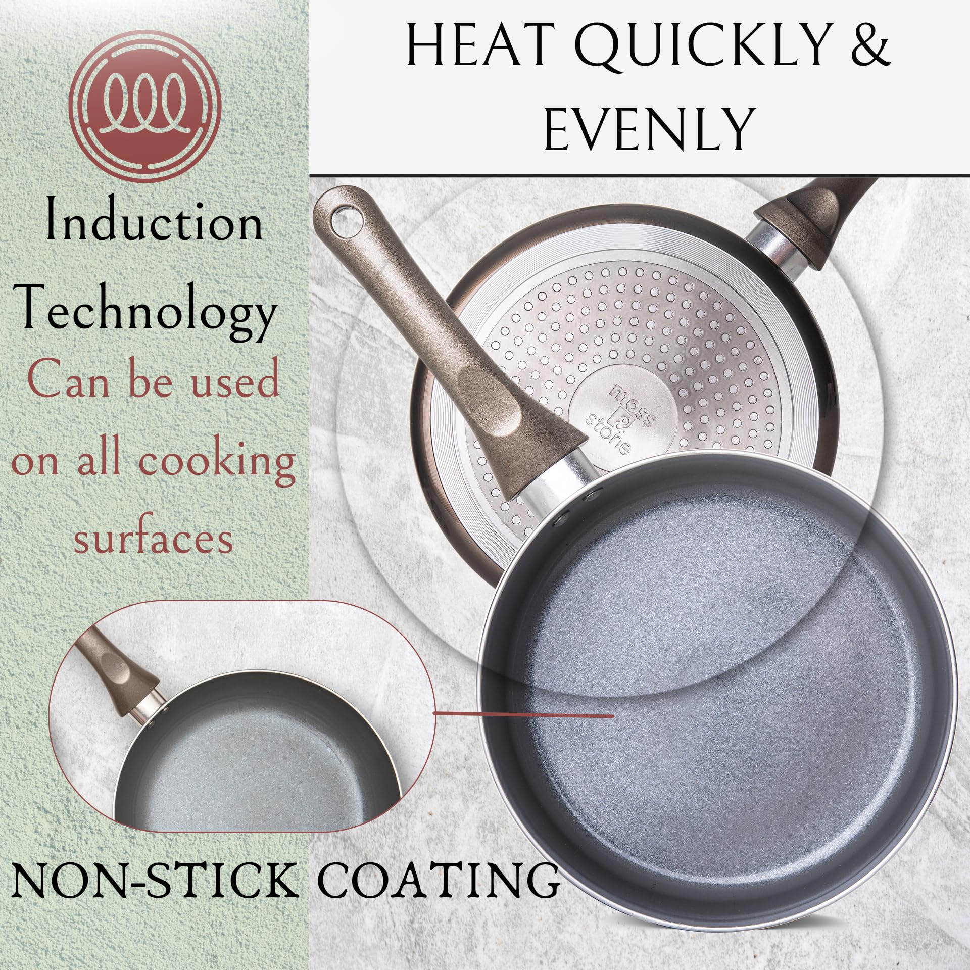 Moss & Stone 6 Piece Nonstick Cookware Set, Pots And Pans Set Non stick With Glass Lid, Induction Cookware, Stay-Cool Handles, P
