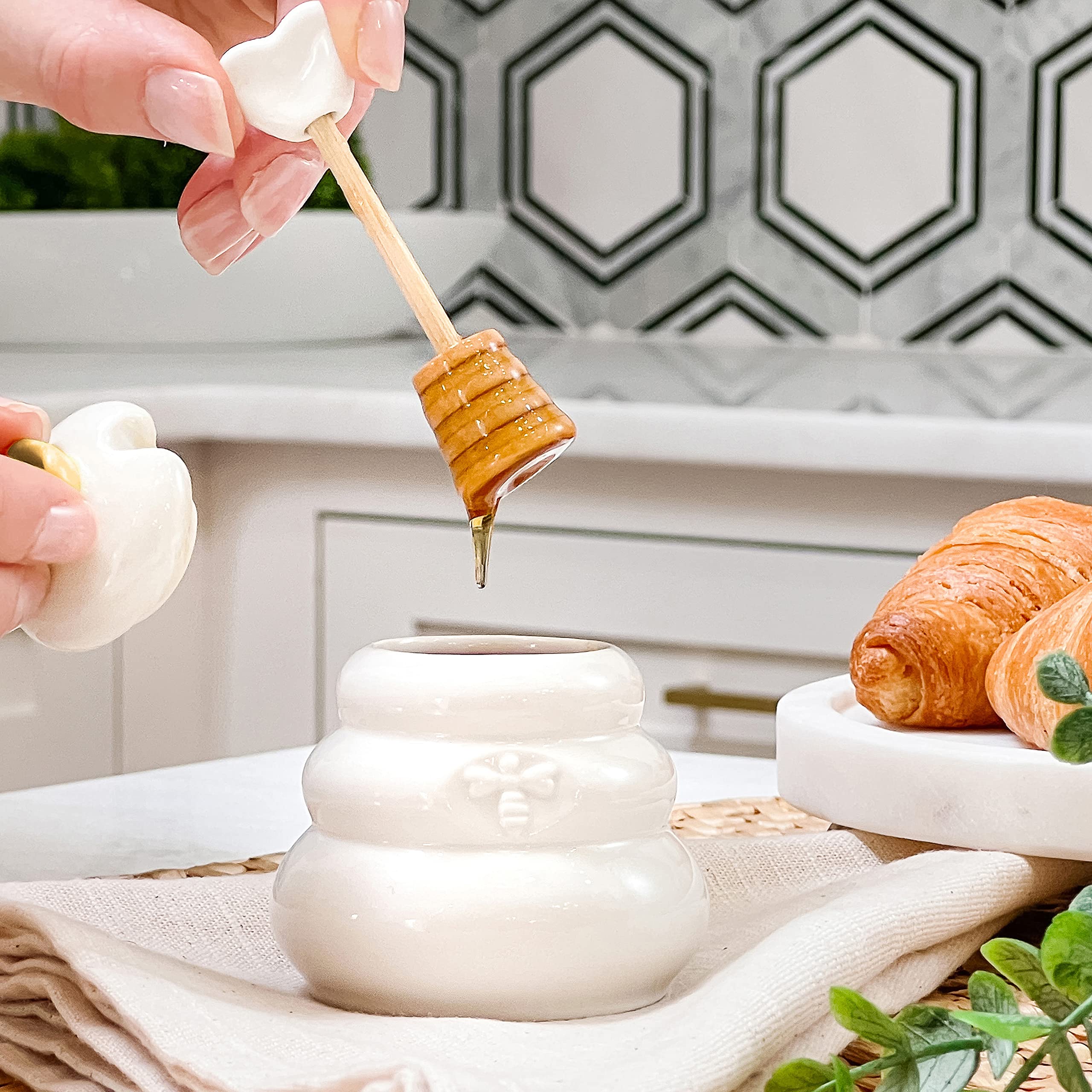 Kate Aspen Ceramic Bee Hive Mini Honey Jar & Wooden Honey Dipper Set (Set Of 2) Kitchen Decor, Bumblebee Baby Shower Prize, Take