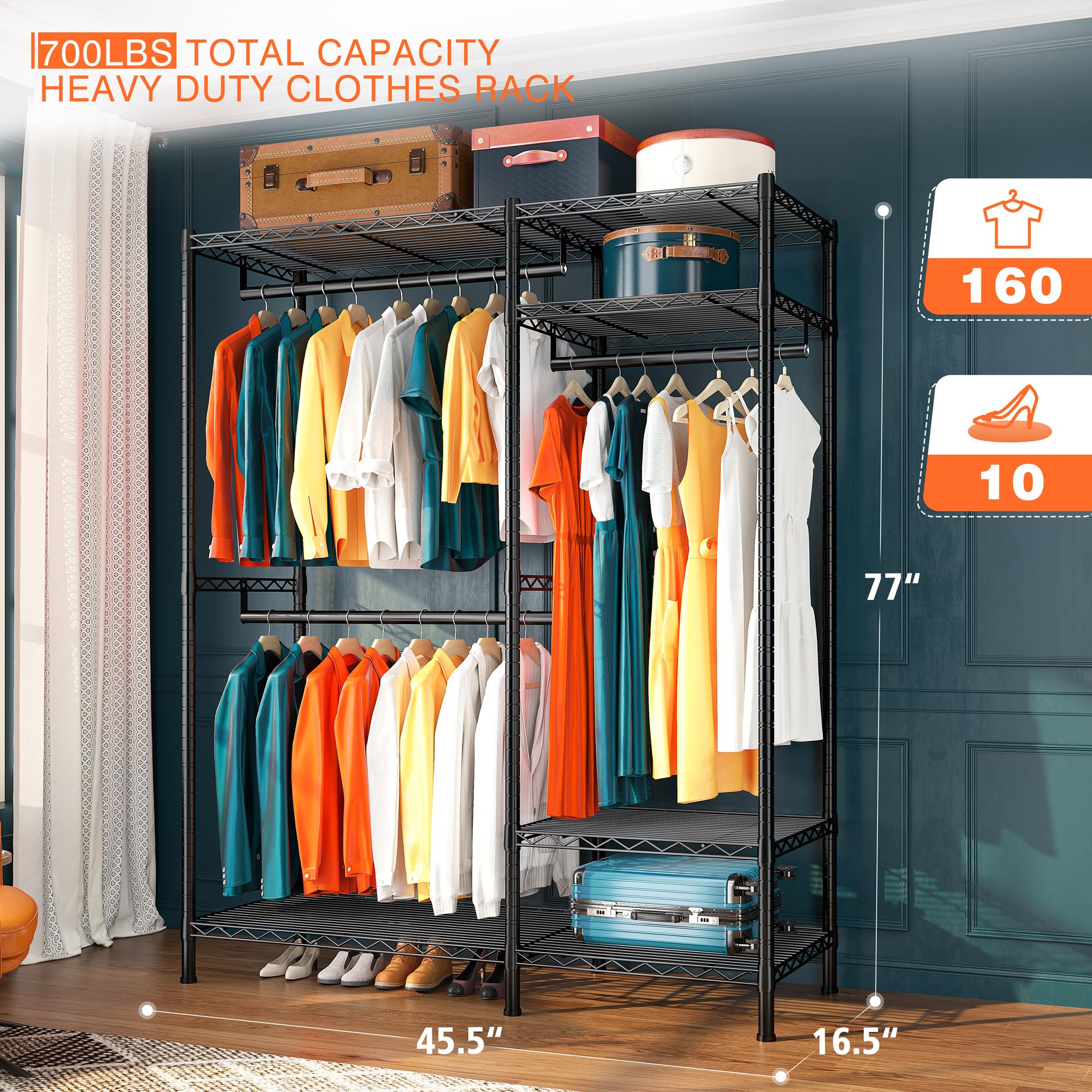 Raybee Clothes Rack Heavy Duty Clothing Rack Load 700Lbs Clothing Racks For Hanging Clothes Adjustable Closet Rack Metal Wadrobe