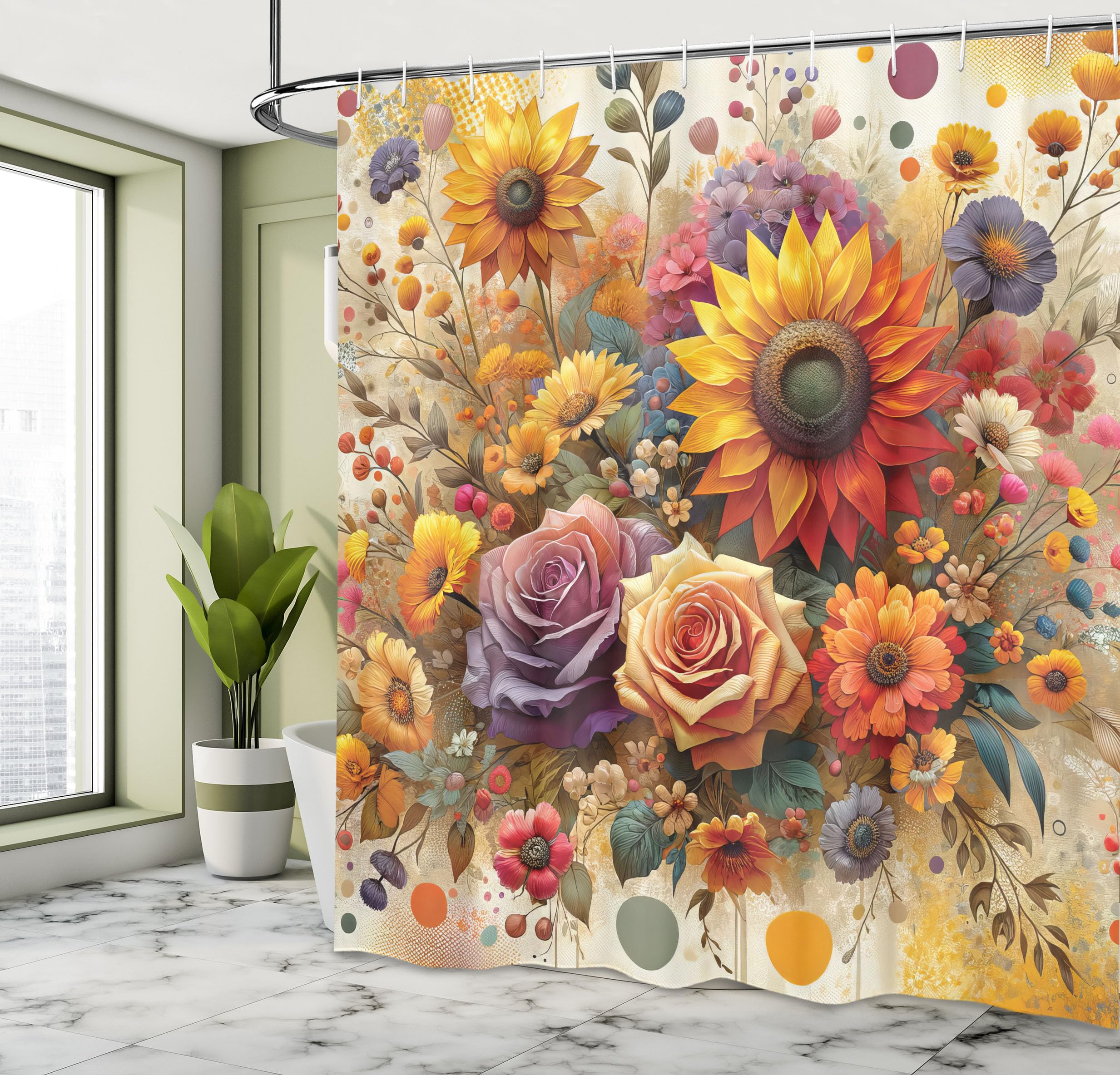 Ambesonne Colorful Shower Curtain, Spring Happiness Of Farmhouse Concept Art Sunflower And Rose Huddles, Cloth Fabric Bathroom D