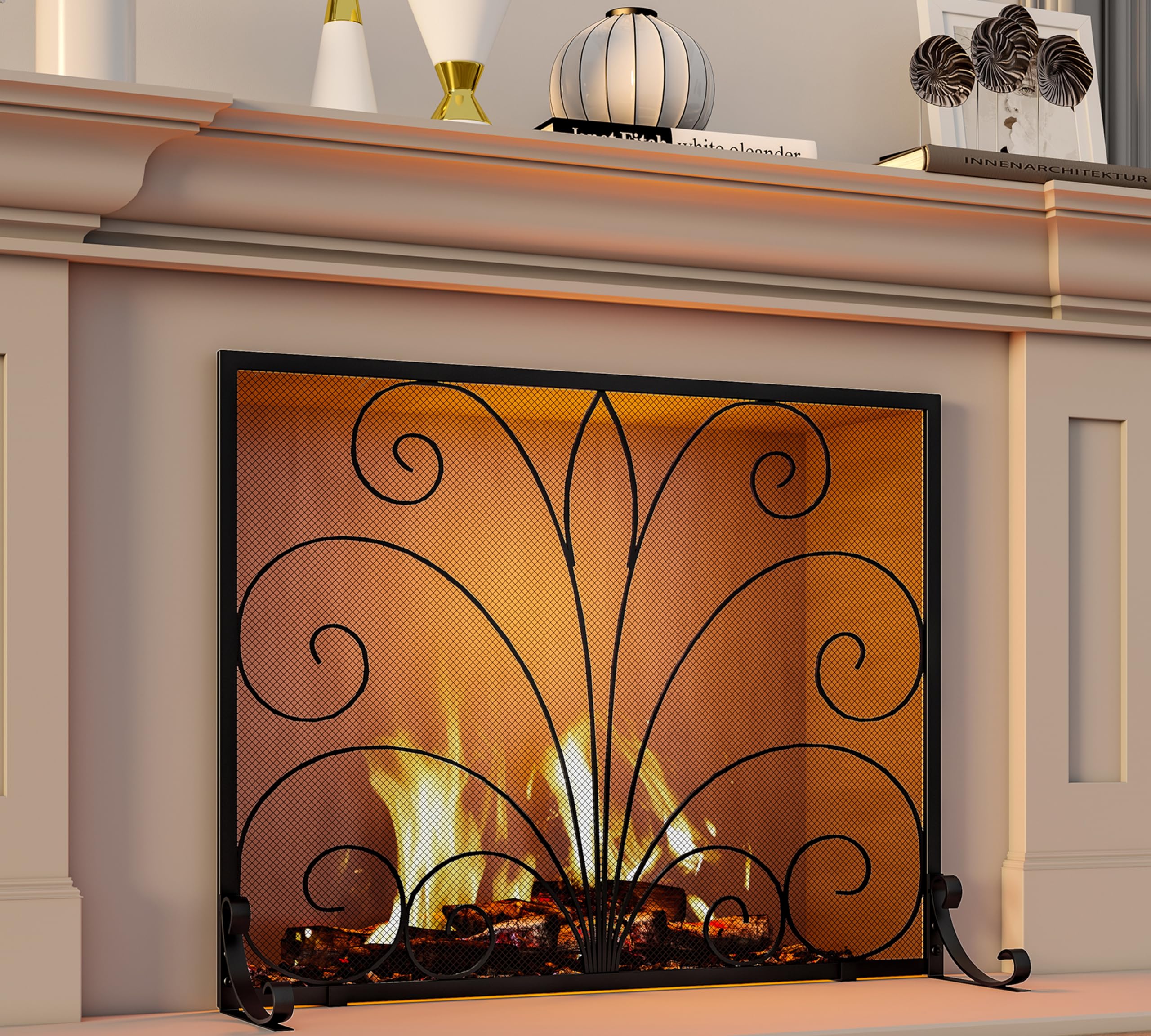 Fire Beauty Fireplace Screen,Handcrafted Wrought Iron,Flat Guard Metal Furnace Fireguards Mesh,Safe Spark Protector,Wood Burning