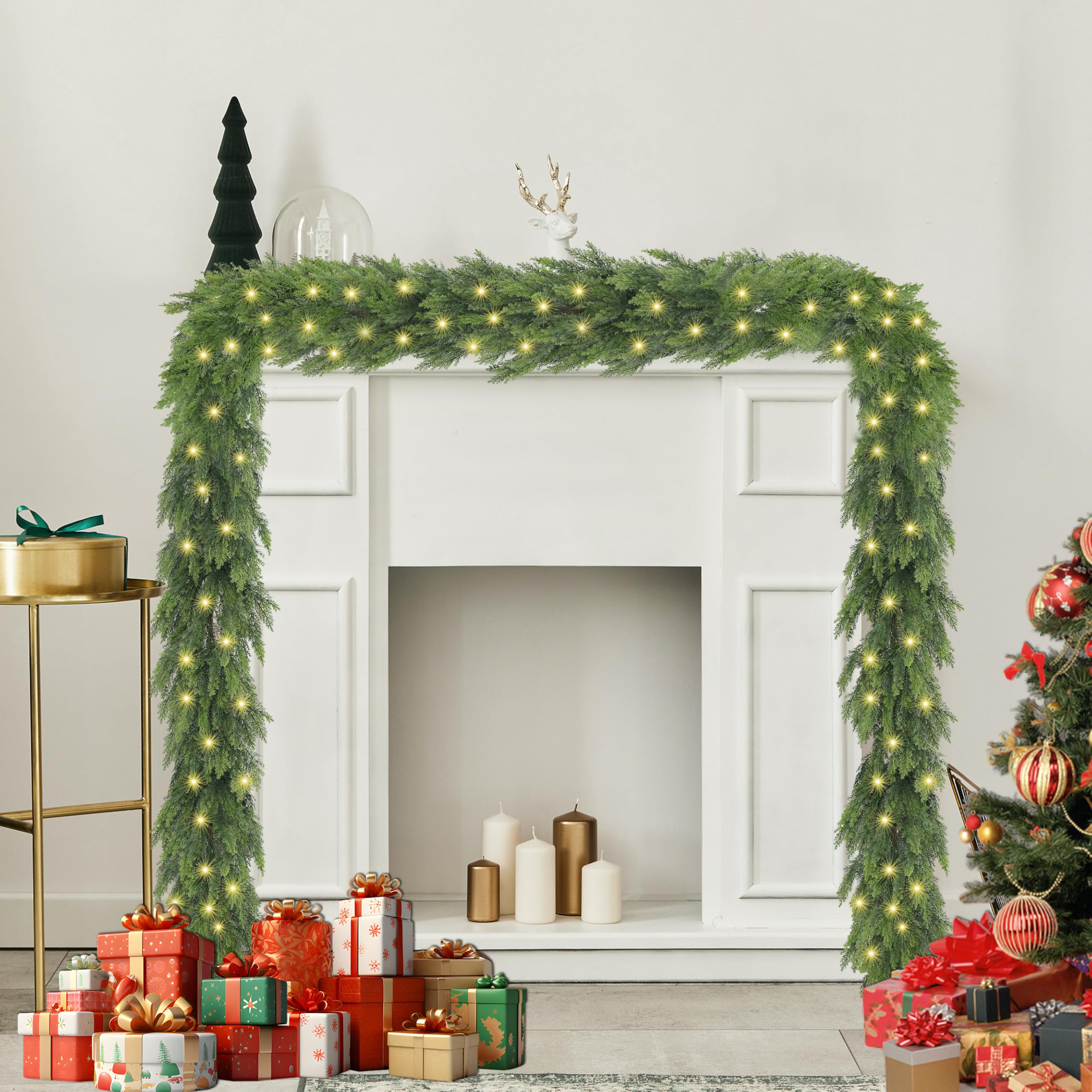 Goldshire 6FT Christmas Cedar Garland with Light, Lighted Real Touch Cedar Garland, Artificial Greenery Garlands for Table Firep
