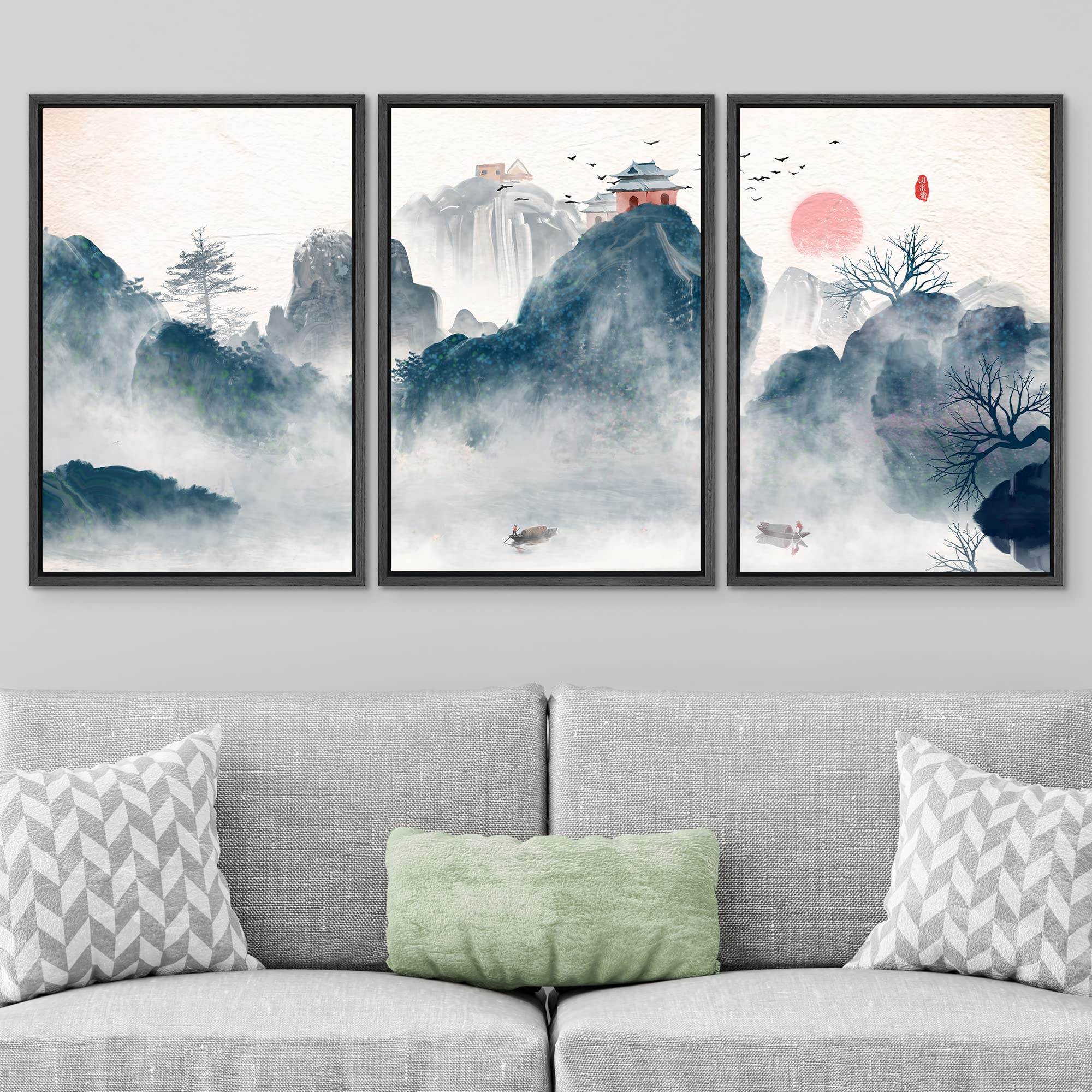 Signwin 3 Piece Framed Canvas Wall Art Zen Canvas Prints Home Artwork Decoration For Living Room,Bedroom - 16''X24''X3 Black