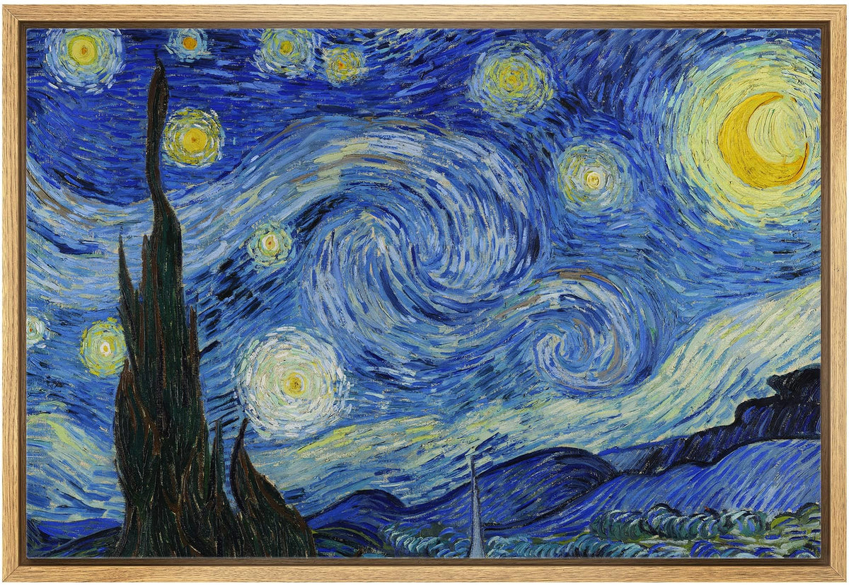 Wall26 - Starry Night By Vincent Van Gogh - Framed Canvas Art Wall Art - 24''X36'' Natural
