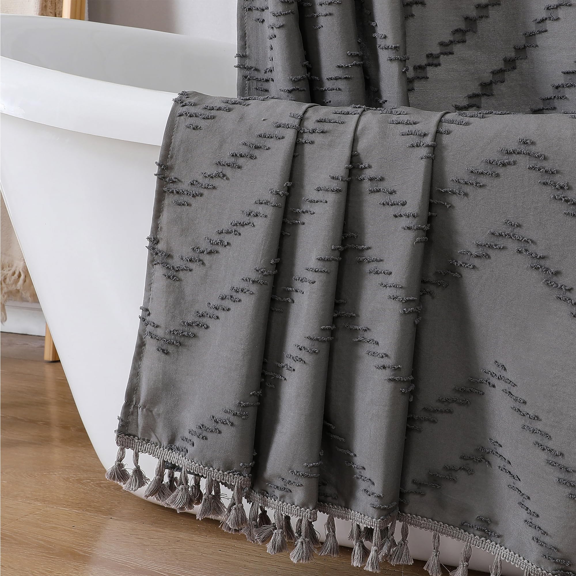 Owenie Boho Shower Curtain, Grey Fabric Cloth Shower Curtains Farmhouse Tufted Chevron Striped Textured With Tassel For Bathroom