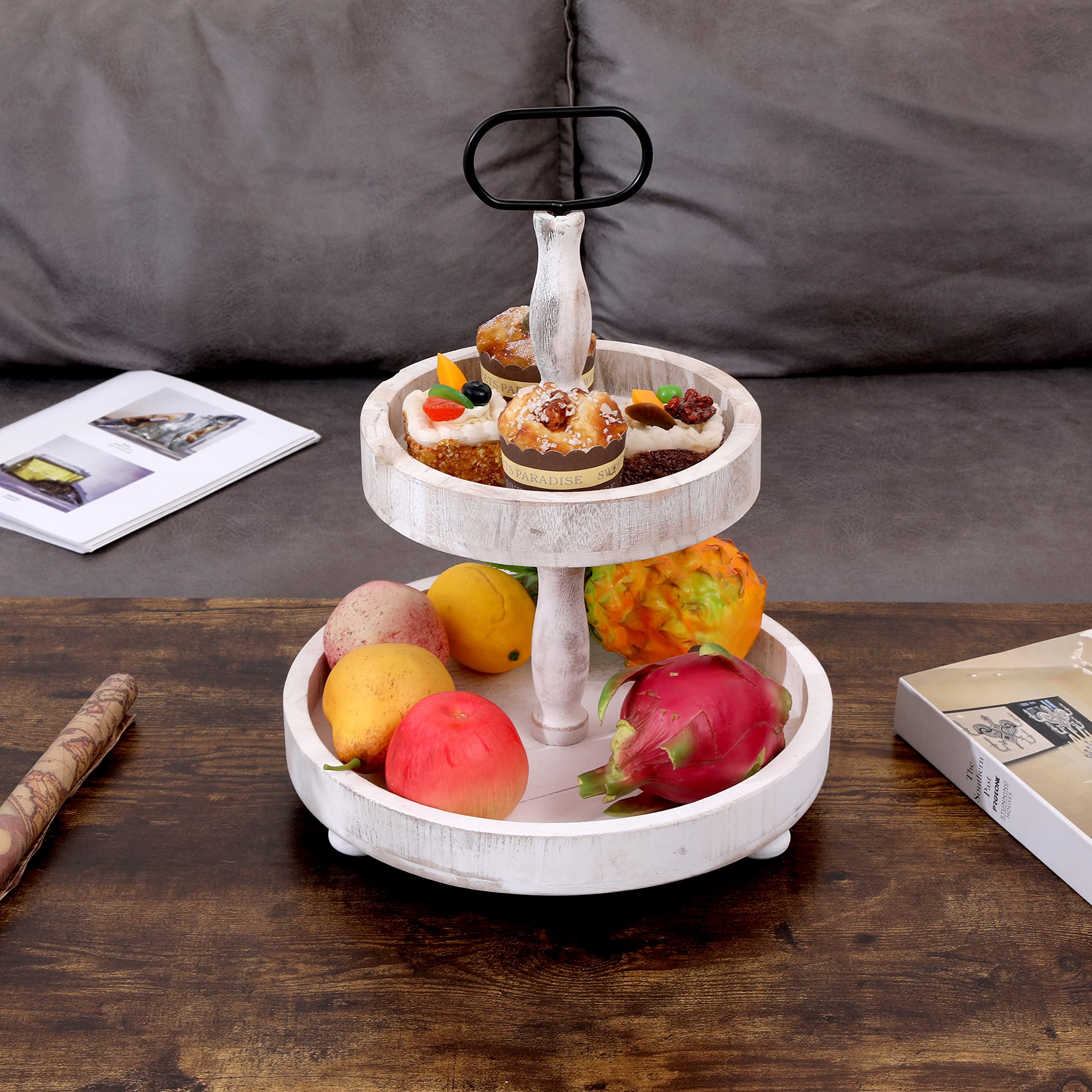 2 Tier Tray Rustic Cake Stand Farmhouse Kitchen Decor Centerpiece,Farmhouse 2 Tier Serving Tray For Coffee Bar W/Handle&1 Coaste