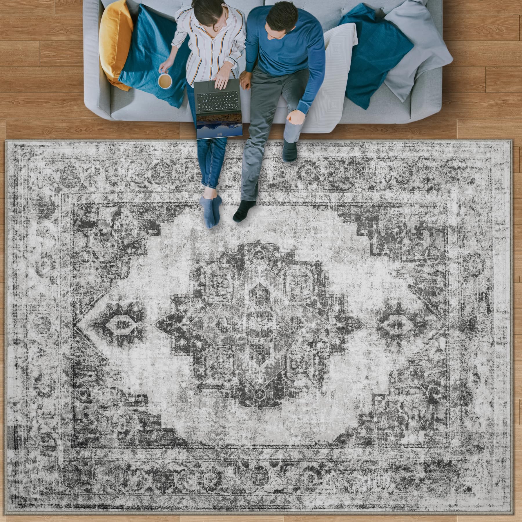 Area Rug 9x12 Vintage Rugs: Large Washable Indoor Medallion Rug Low Pile Distressed Floor Carpet Retro Accent Rugs for Living Ro