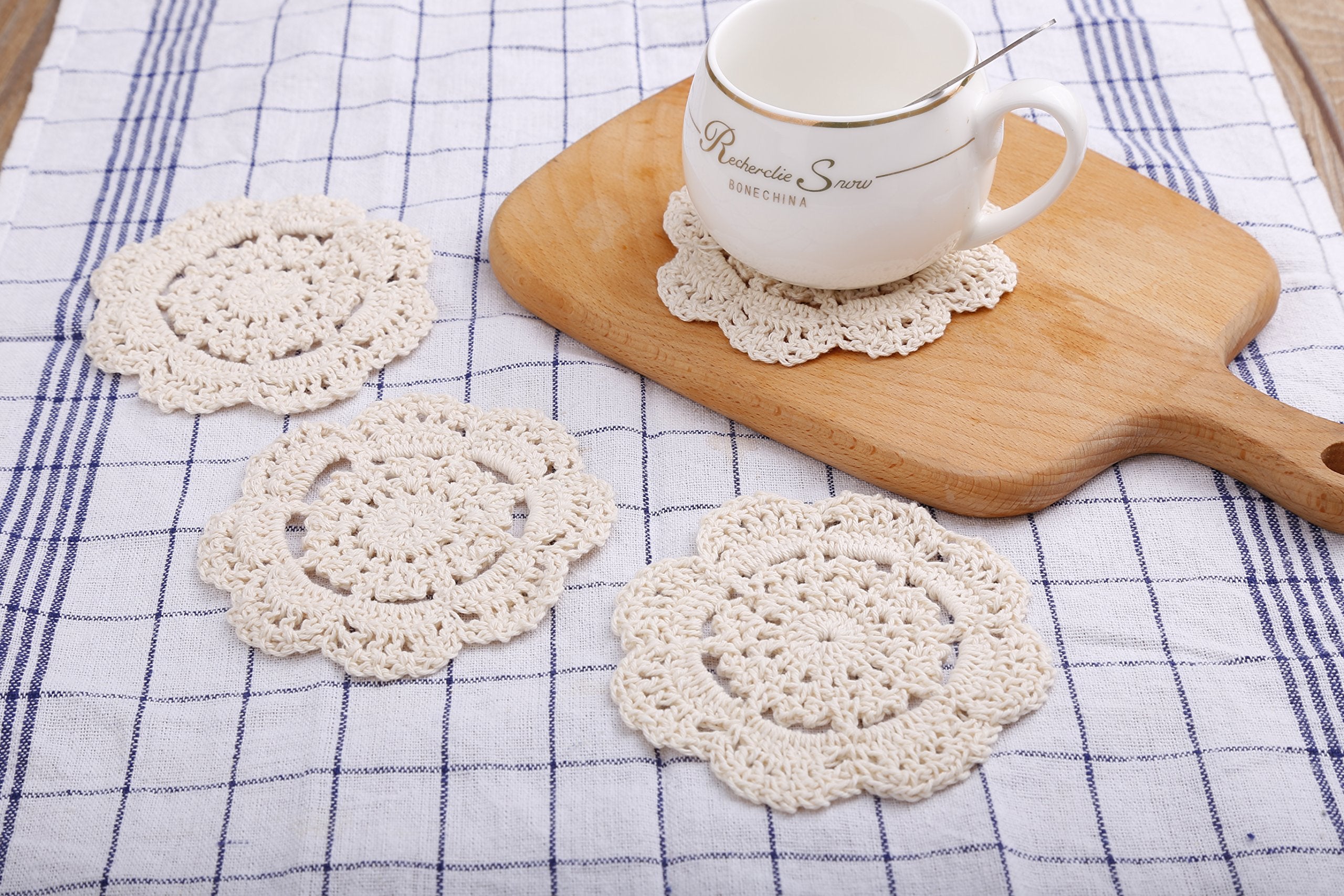 Phantomon Doilies Crochet Cotton Lace Round Handmade Coasters Small Doilies Cloth 4 Inch, Pack Of 4 (Beige)