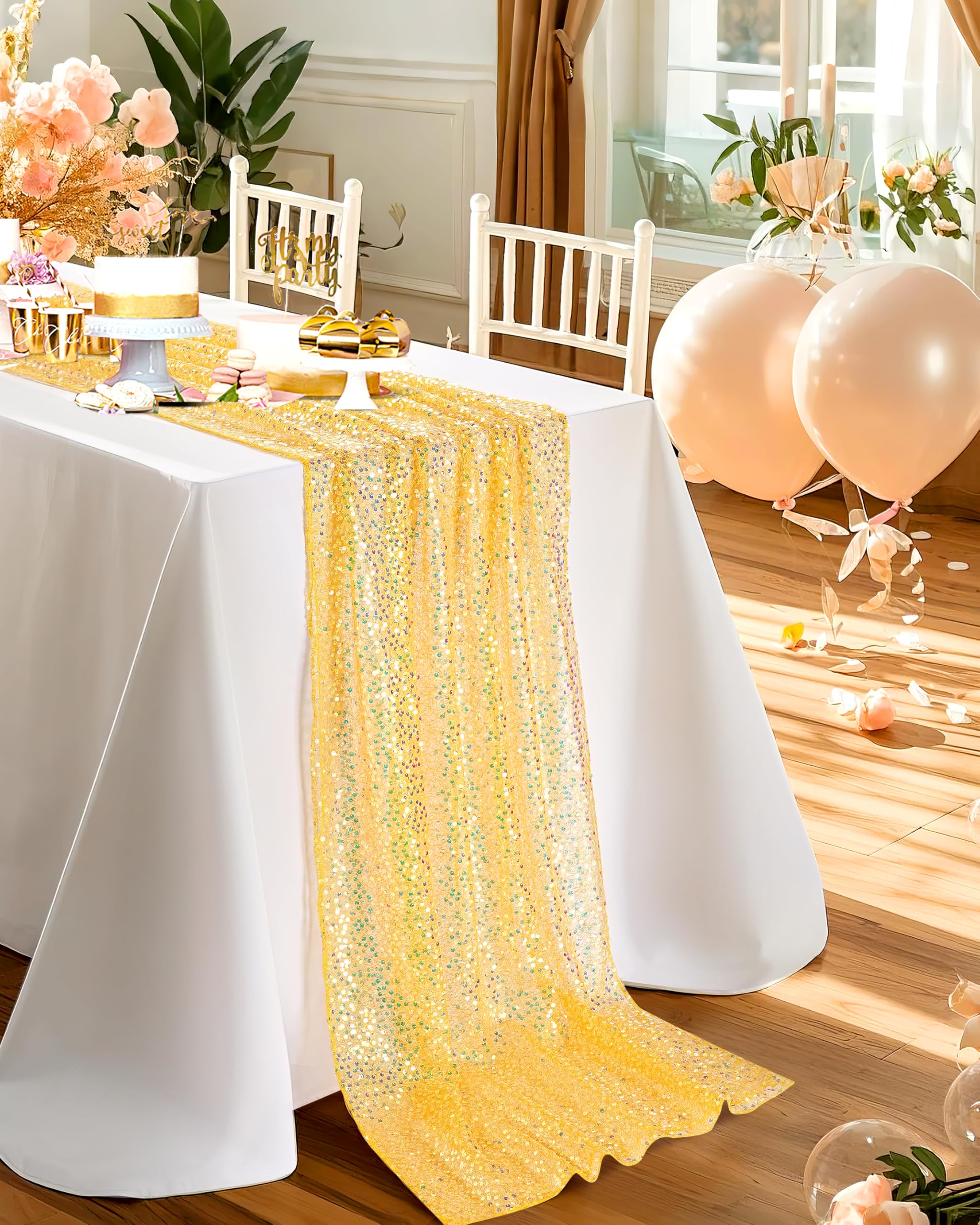 Gold Table Runner 25x120 Iridescent Sequin Table Runner Sparkly Glitter Fabric for Wedding Birthday Party Thanksgiving Day Decor
