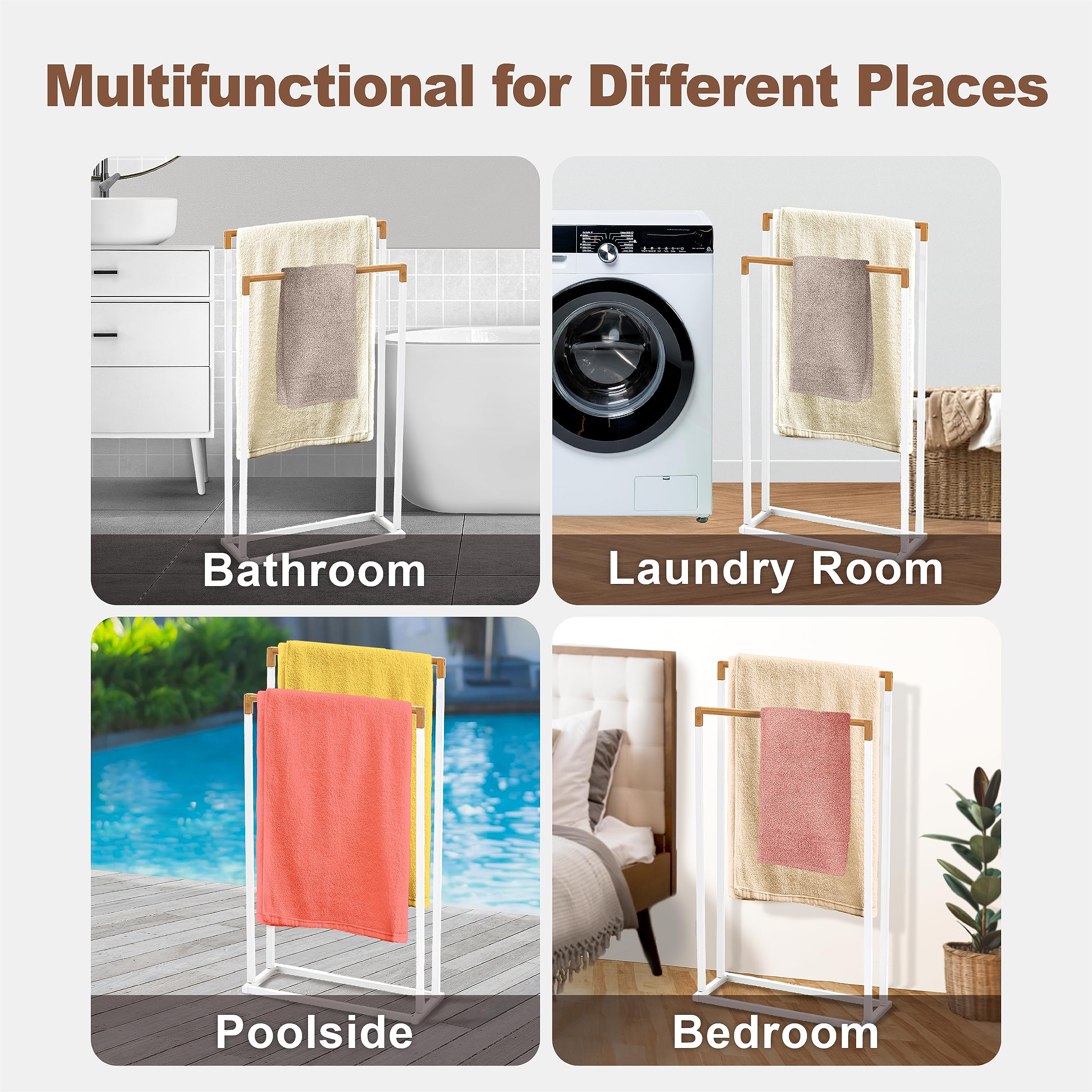 Ikloo 2 Tier Free Standing Towel Rack, Towel Rack Stand For Bathroom, Wood Bar Bath Towel Holder Stand, Quilt Racks Free Standin