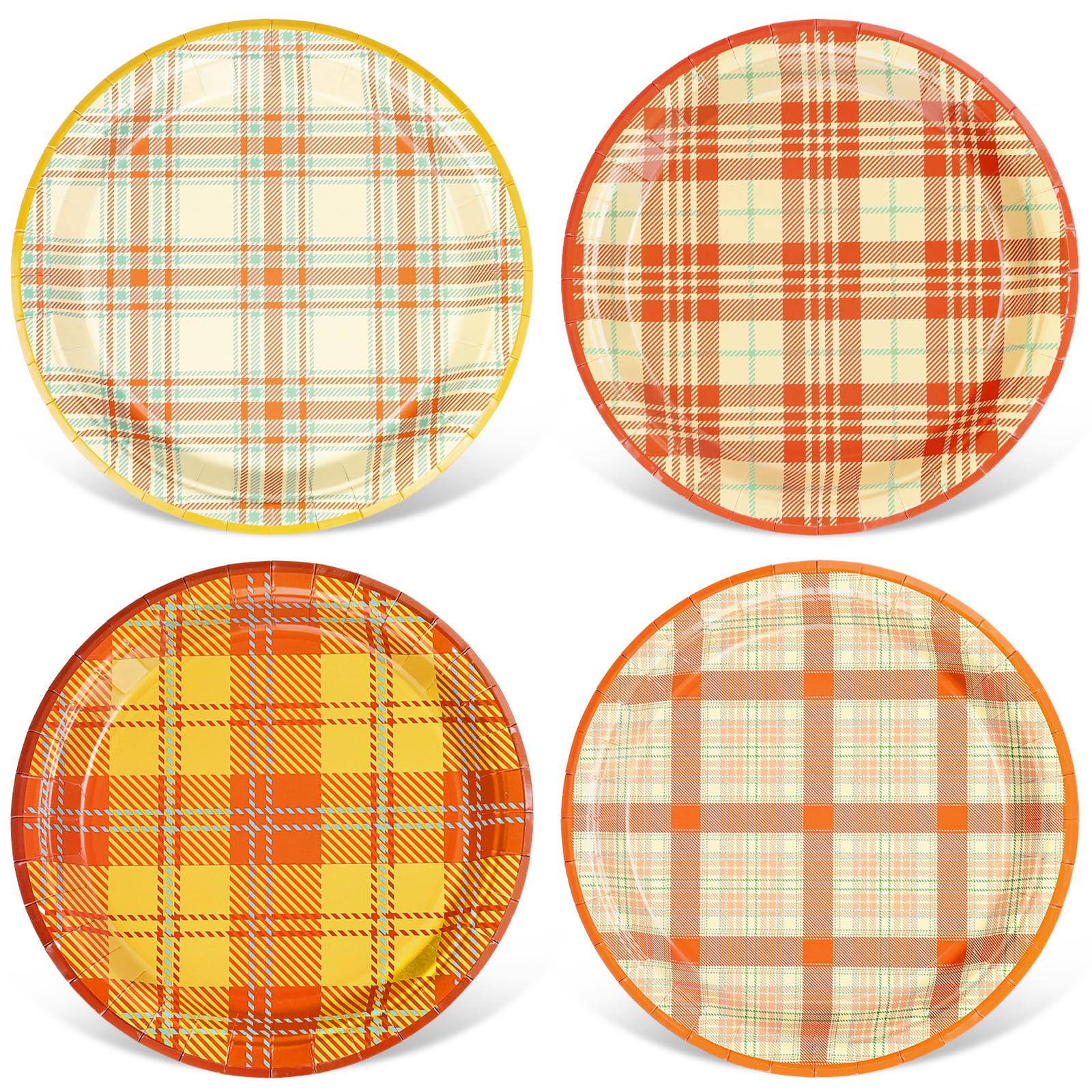 Whaline Fall Plaid Paper Plates Orange Yellow Autumn Gingham Disposable Plates 9 Inch Thanksgiving Party Tableware for Wedding B