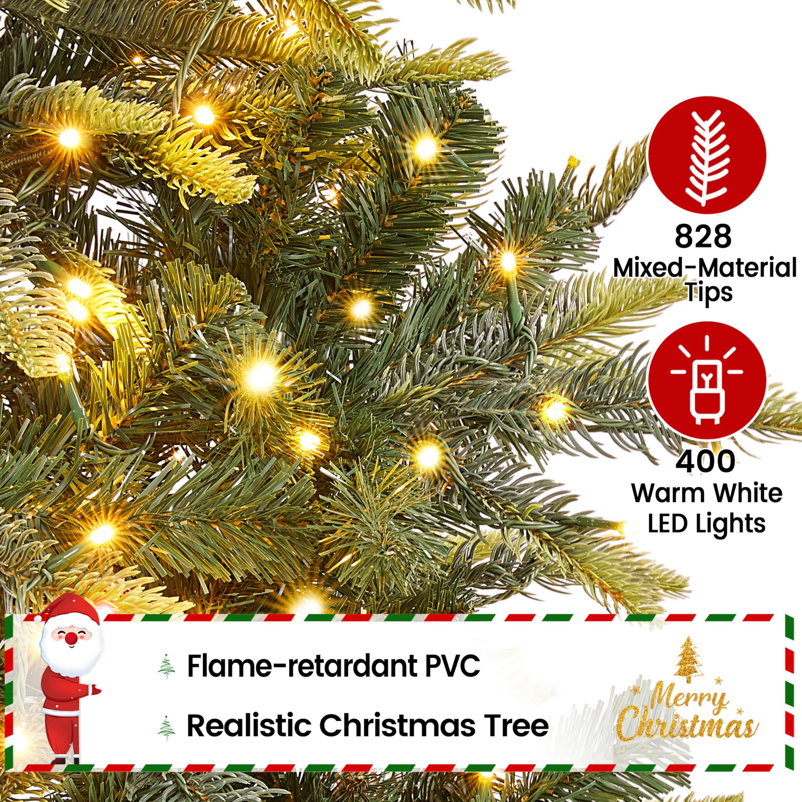 Yaheetech 6ft Pre-lit Aspen Fir Artificial Christmas Tree with 400 Warm White LED Lights Full Prelighted Xmas Tree w/828 Branch